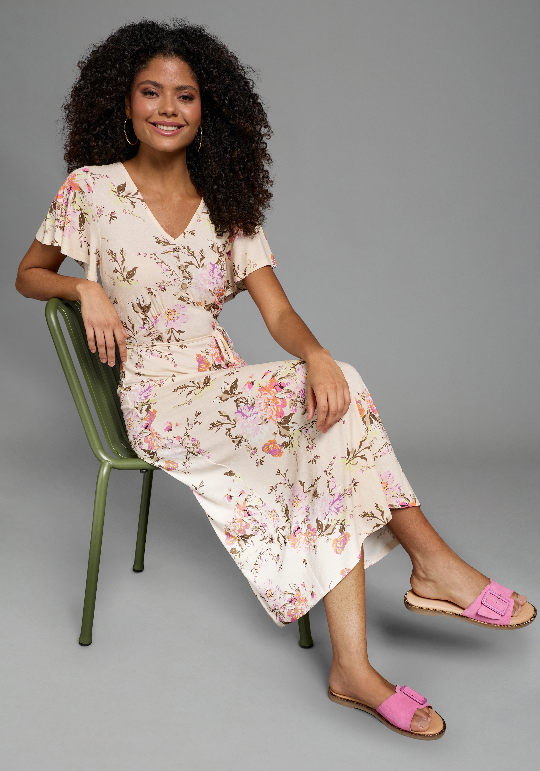 Laura Scott Sommerkleid mit geblümtem Design, aus Viskose und Elasthan, Midi-Länge