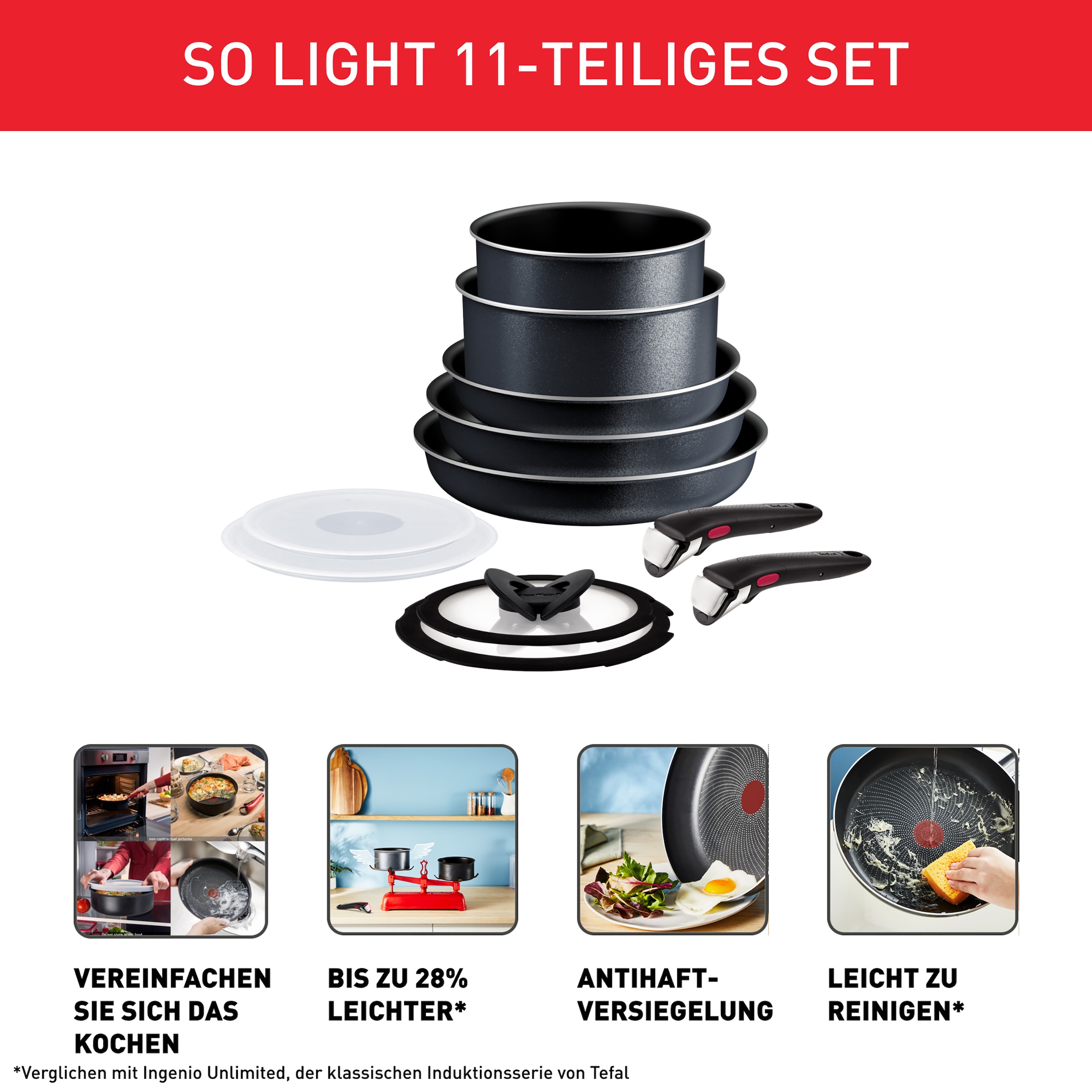 Tefal Topf-Set »Ingenio So'Light«, Aluminium, (Set, 11 tlg.), Light Tech Technology, abnehmbarer Griff, platzsparend, made in France