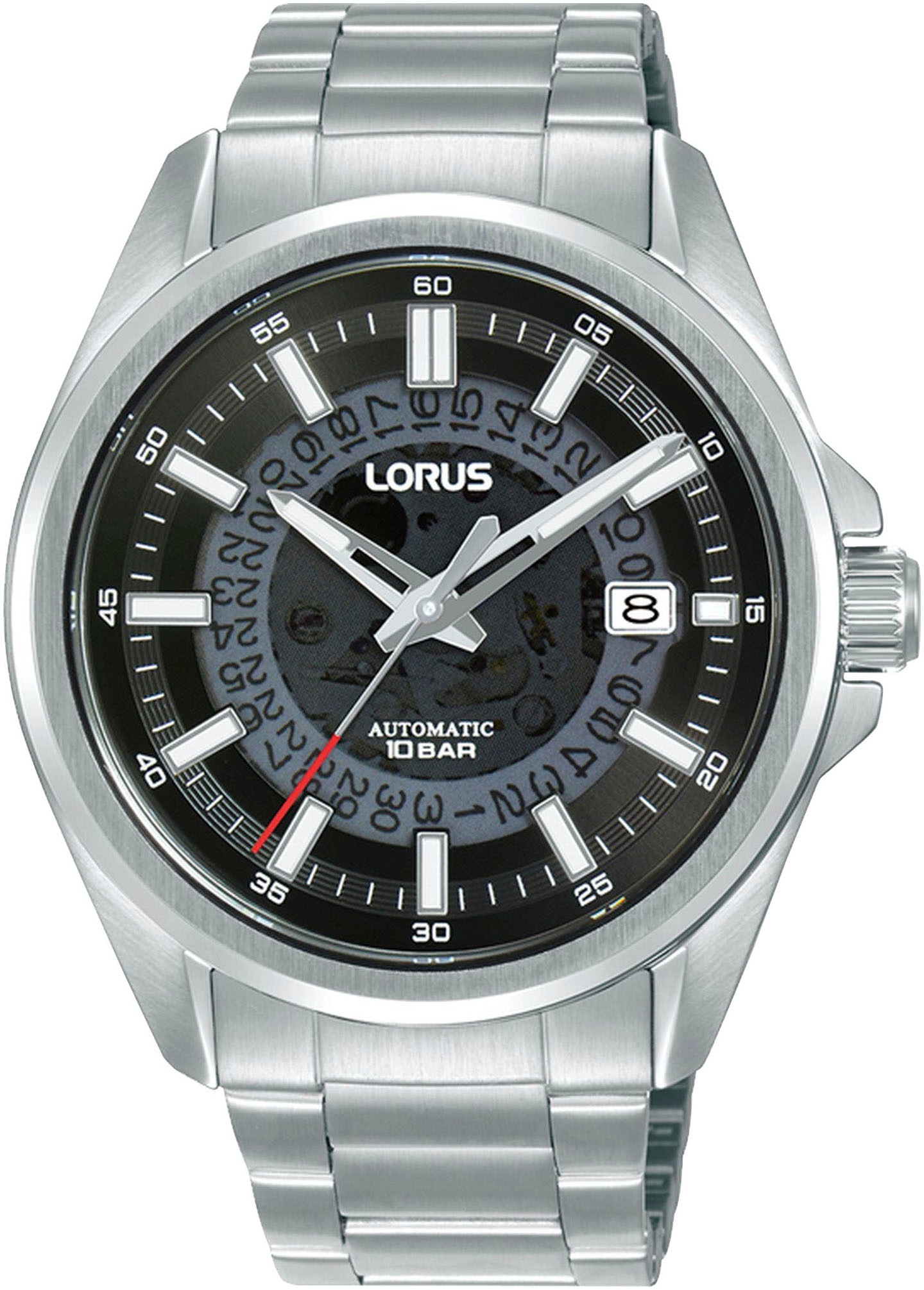 LORUS Automatikuhr Armbanduhr, Herrenuhr, Datum, Edelstahlarmband silberfarben-schwarz Attraktive Herrenautomatikuhr