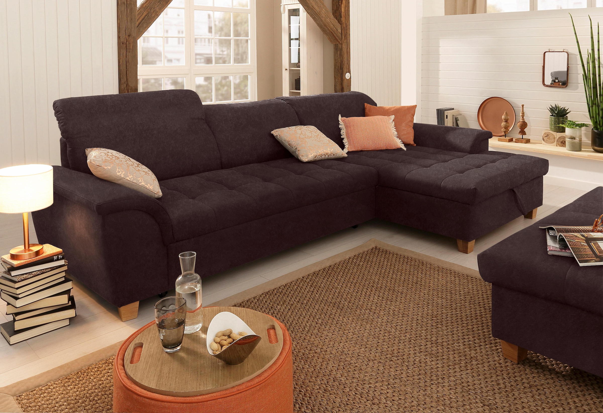 Home affaire Ecksofa »Lyla fester Sitzkomfort, bequeme Armlehnen, Breite 279cm, L-Form« mit Recamiere, wahlweise mit Rückenfunktion und zusätzlich mit Bett