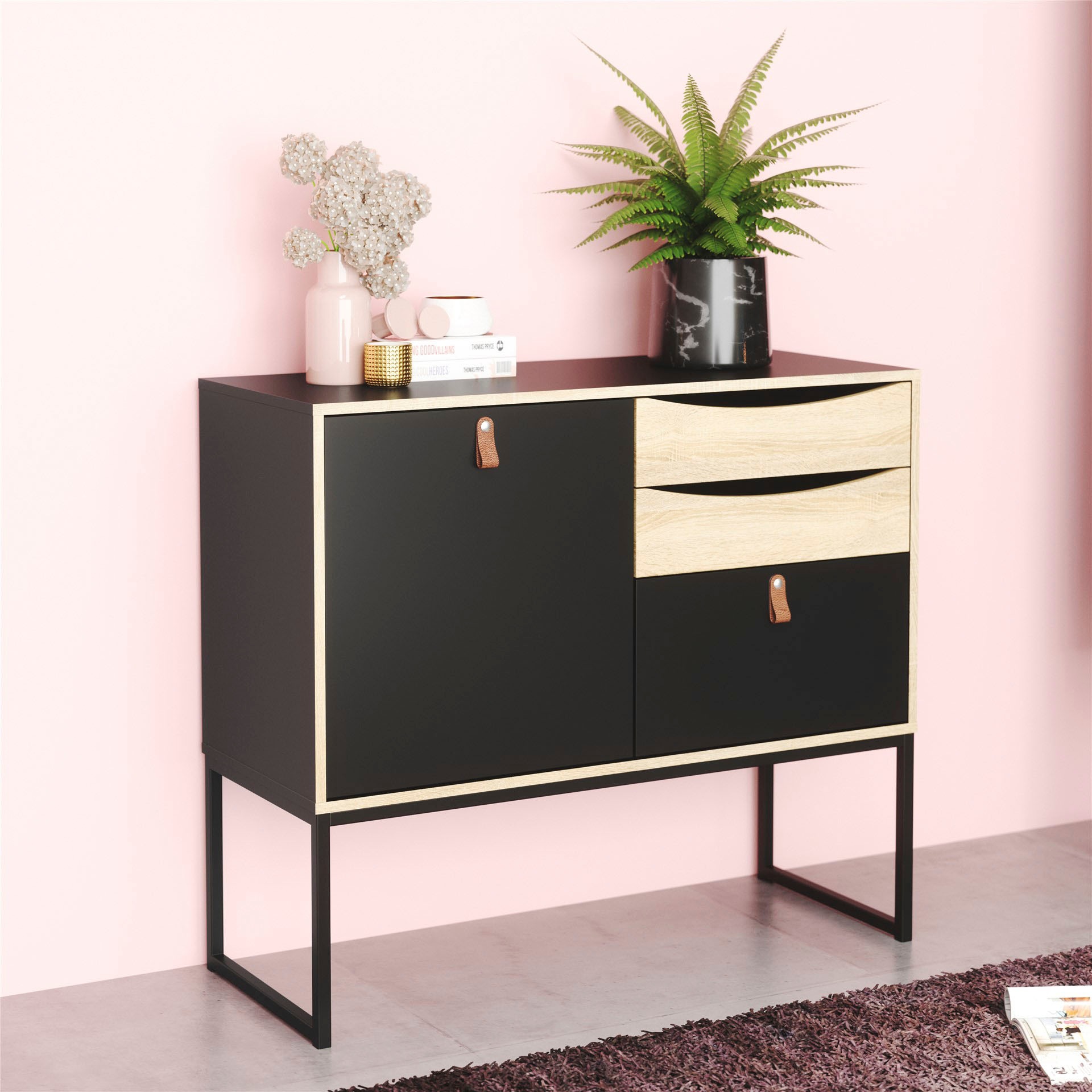 andas Sideboard »Stubbe«, Kommode Breite 98,7 cm, 1 Tür und 3 Schubkästen, Ledergriffe