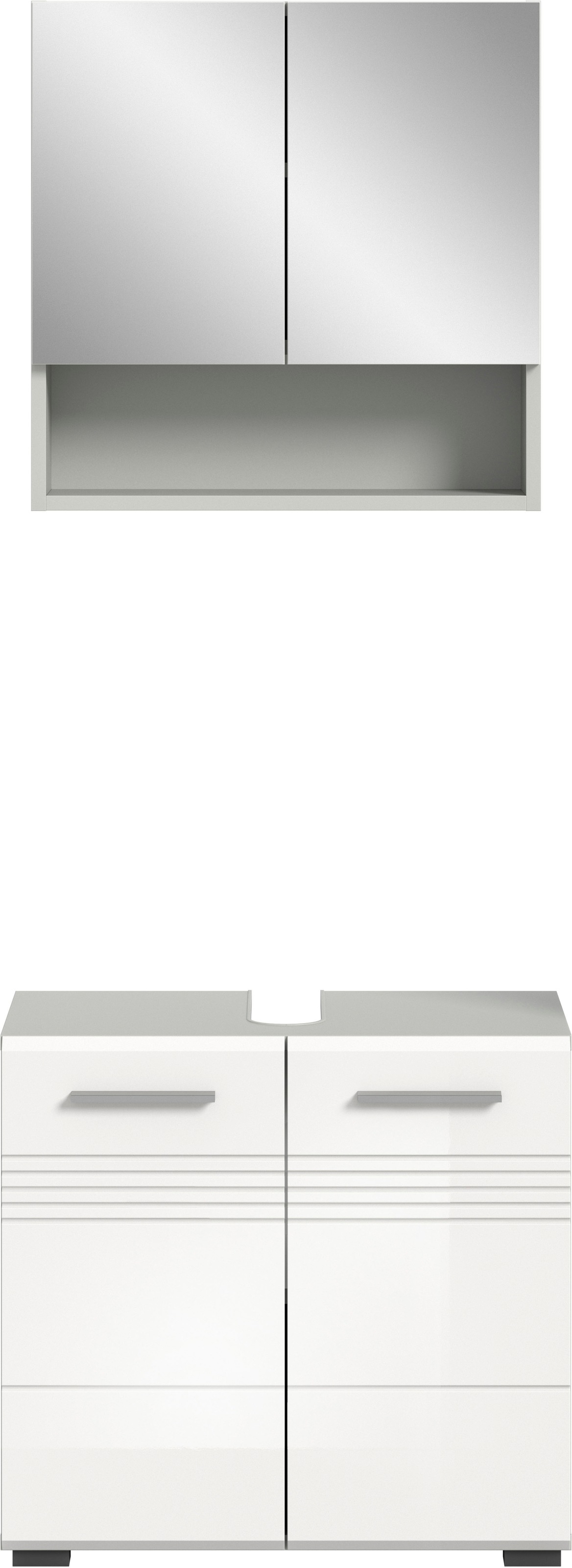 welltime Badmöbel-Set »Calicio, bestehend aus: Waschbeckenunterschrank, Spiegelschrank«, (2 St.), hochwertige MDF Front mit Rillenfräsung