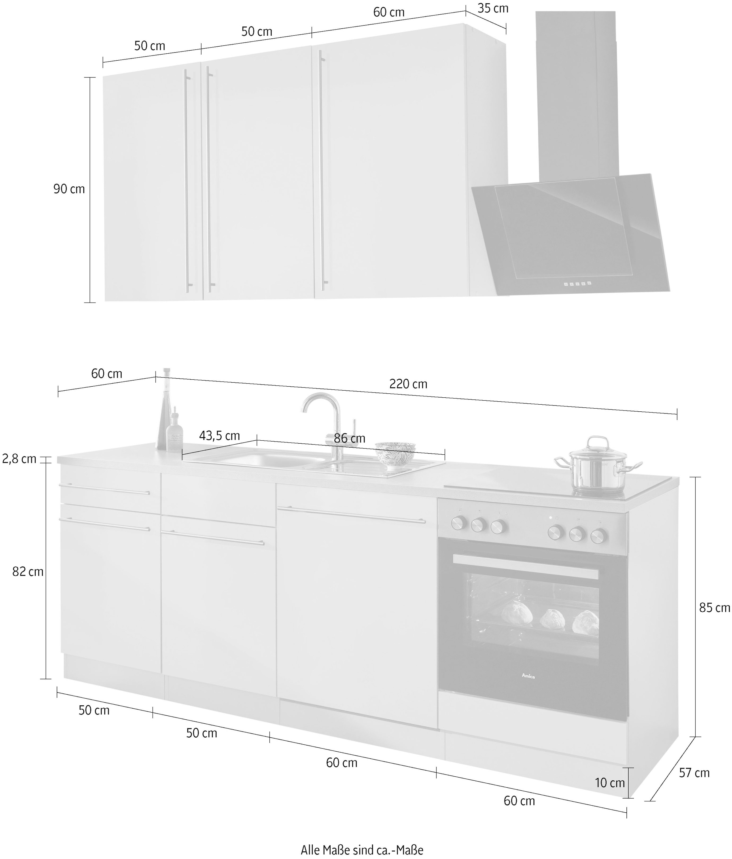 wiho Küchen Küchenzeile »Chicago«, E-Geräten, 220 cm mit bestellen online Breite