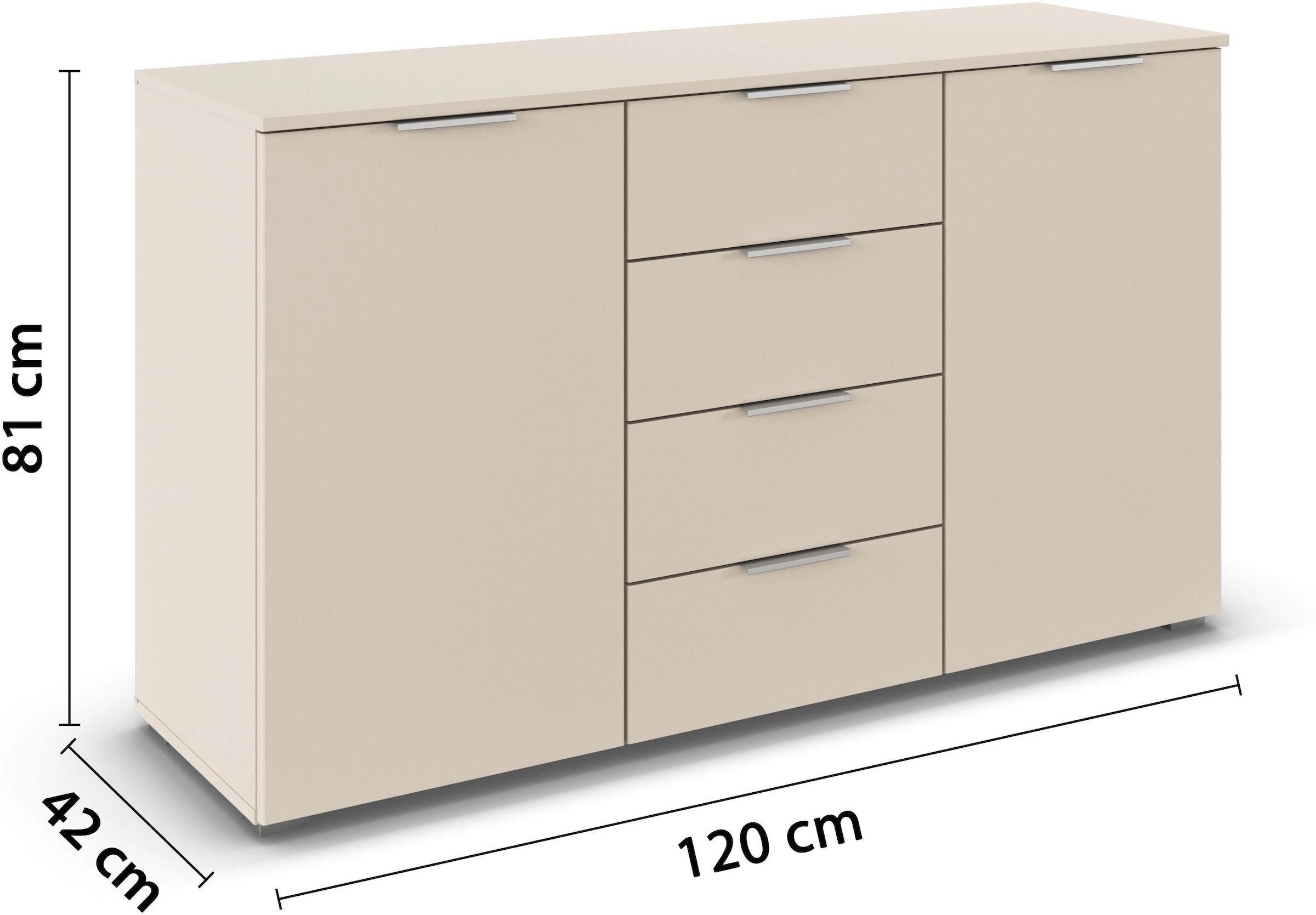 OTTO home Kombikommode »Sideboard Schubladenkommode AGORDO mit Dekor- oder Hochglanzfront« in zwei Griff-Farben, Breite 120 cm,  vier große Schubladen, mit insgesamt 4 Einlegeböden MADE IN GERMANY