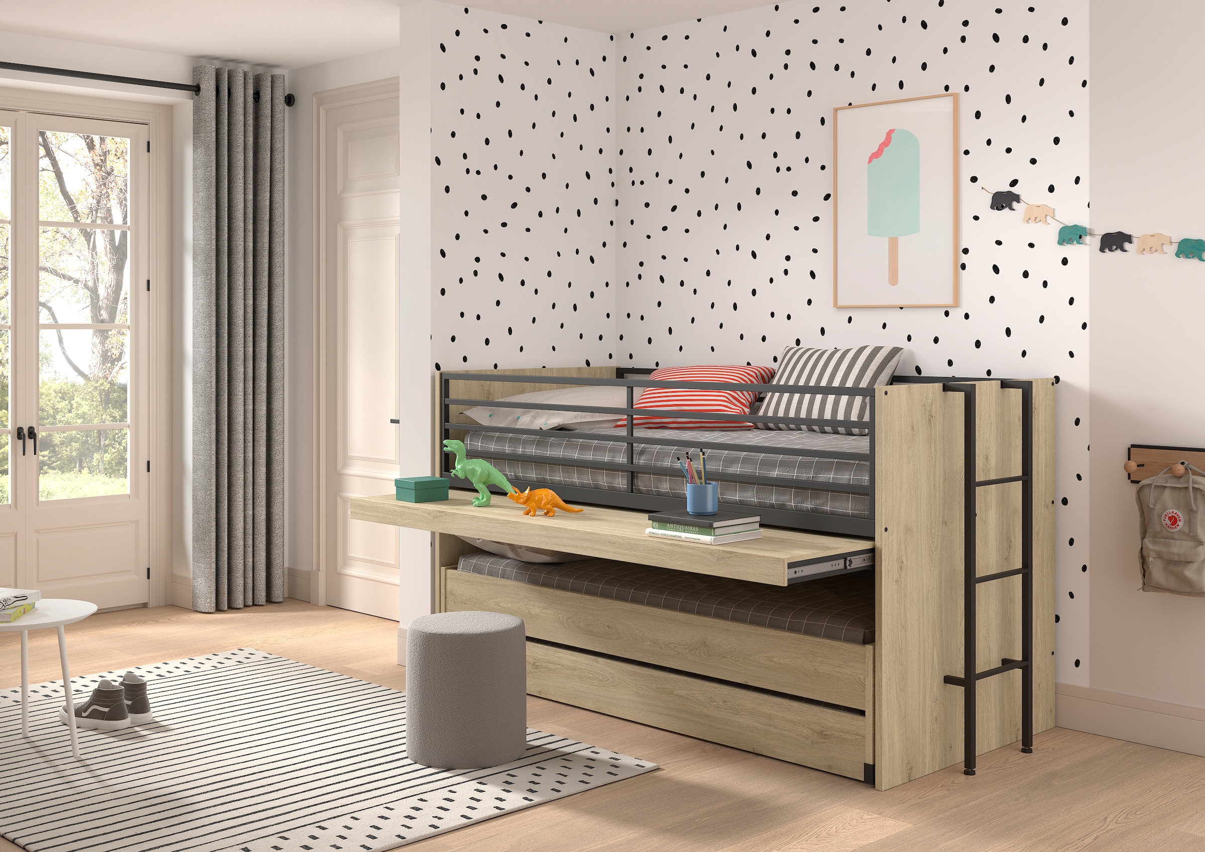 Home affaire Etagenbett, (Made in Europe), für kleine Räume, 2 Liegefl., Bettschublade, inkl. Schreibtisch, Dekor