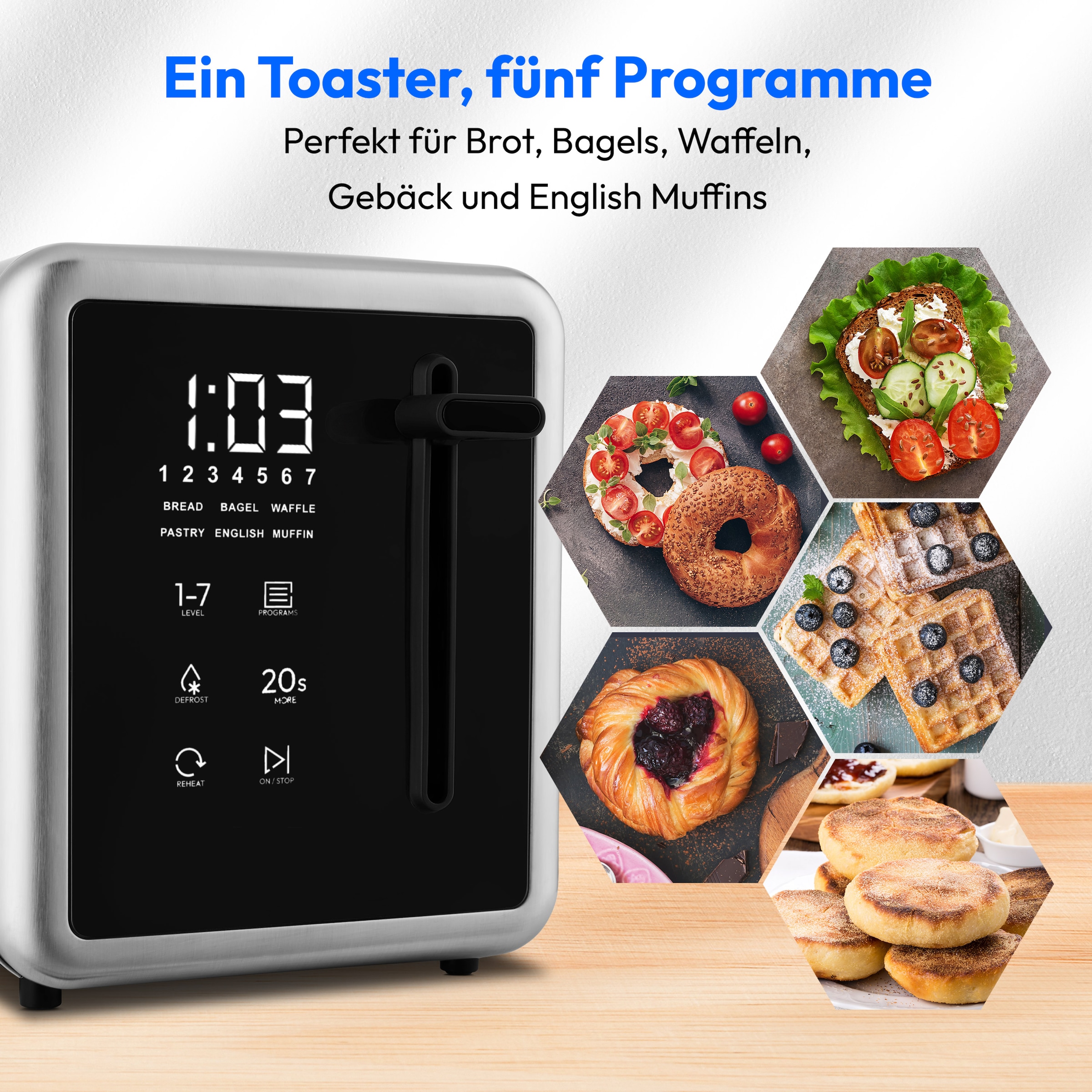 Medion® Toaster »Langschlitztoaster, MD12103, LED Sensor-Touch-Display« 2 lange Schlitze für 4 Scheiben 1450 W abnehmbarer Brötchenaufsatz