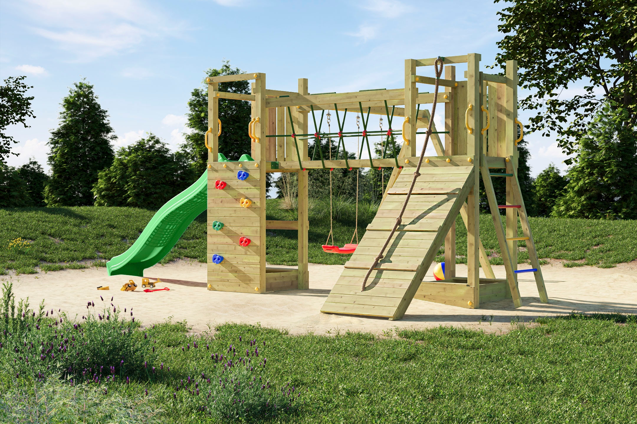 FUNGOO Spielturm »Maxi Funny Exposure«, Schaukel, Rutsche mit Wasseranschluss, Sandkasten, Brückenverbindung