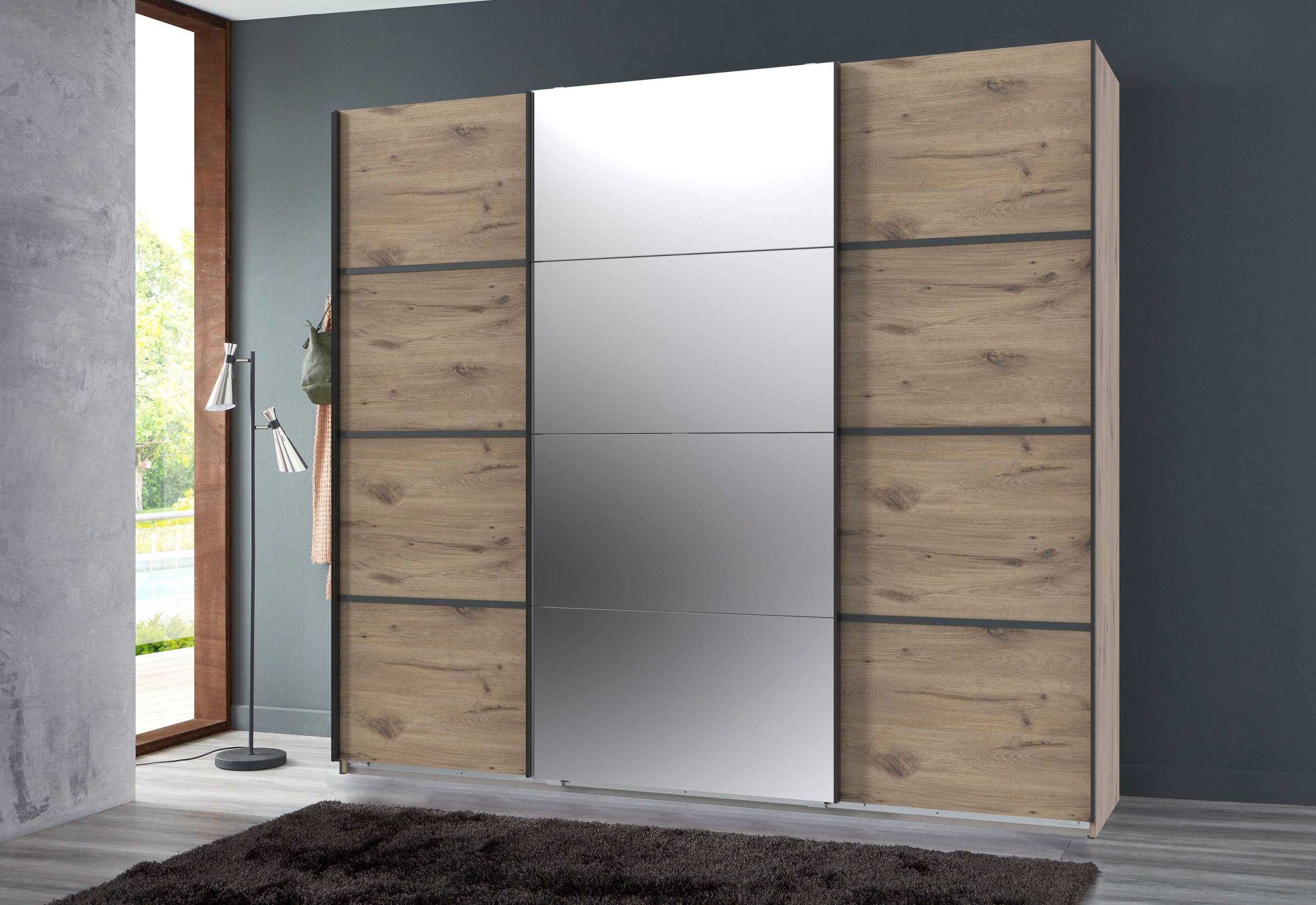 Wimex Schwebetürenschrank »Jork Kleiderschrank mit Spiegel, schwarze Metallgriffe«, Schrank in verschiedenen Größen und Innenausstattungsvarianten