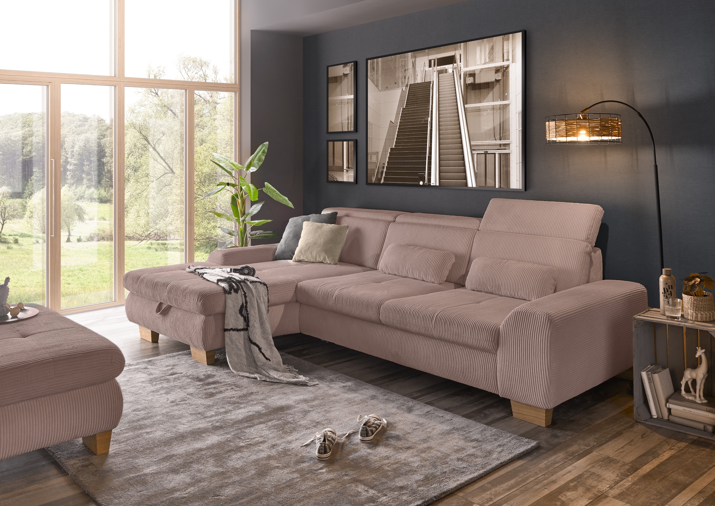 set one by Musterring Ecksofa »SO 3400, Cord, Sitzhöhe 47cm oder 49cm, inkl. Sitztiefenverstellung«, mit Canape und verschiedenen Funktionen, Kaltschaum, B307 x T195 cm