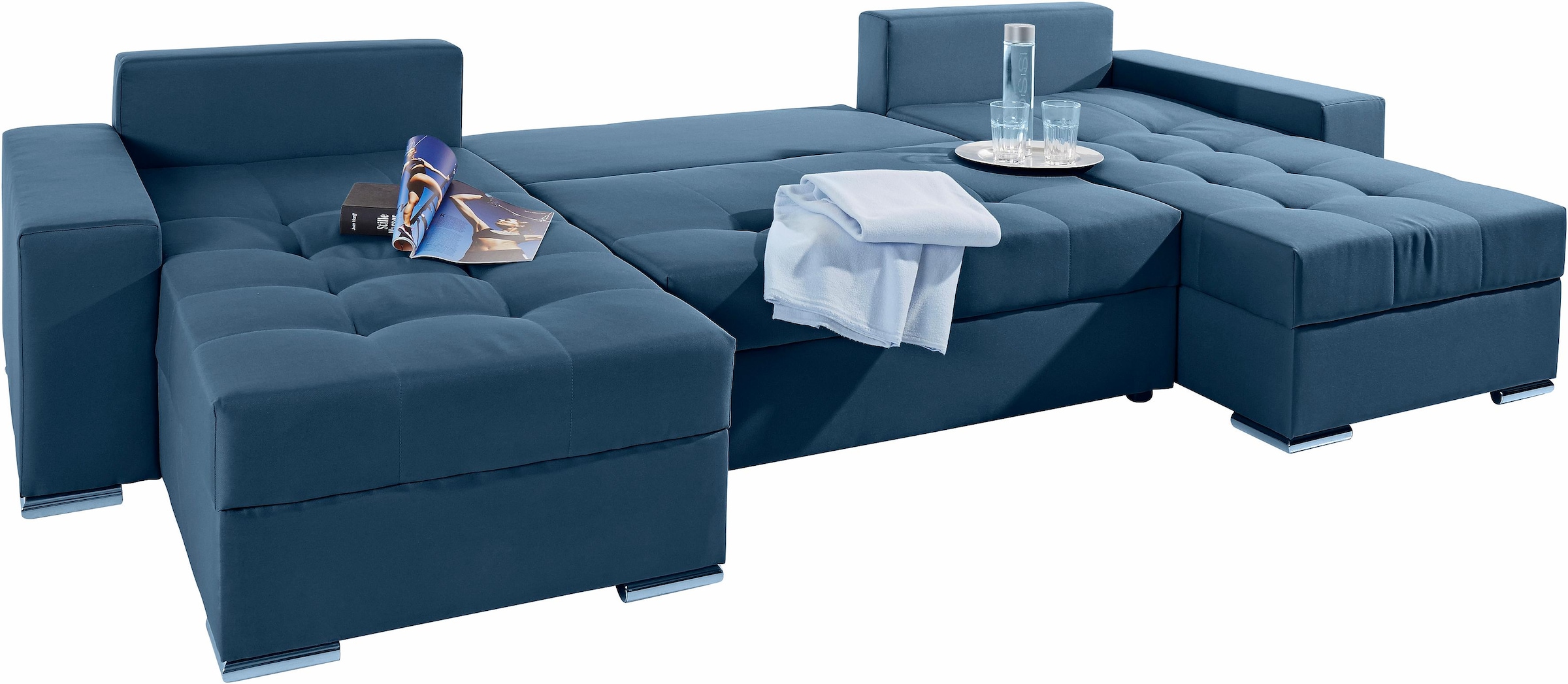 COLLECTION AB Wohnlandschaft »XL-Josy U-Form, Breite 313 cm, Flachgewebe, Struktur, Kunstleder«, inkl. Bettfunktion, Bettkasten, mit 4 gleich großen Rückenkissen