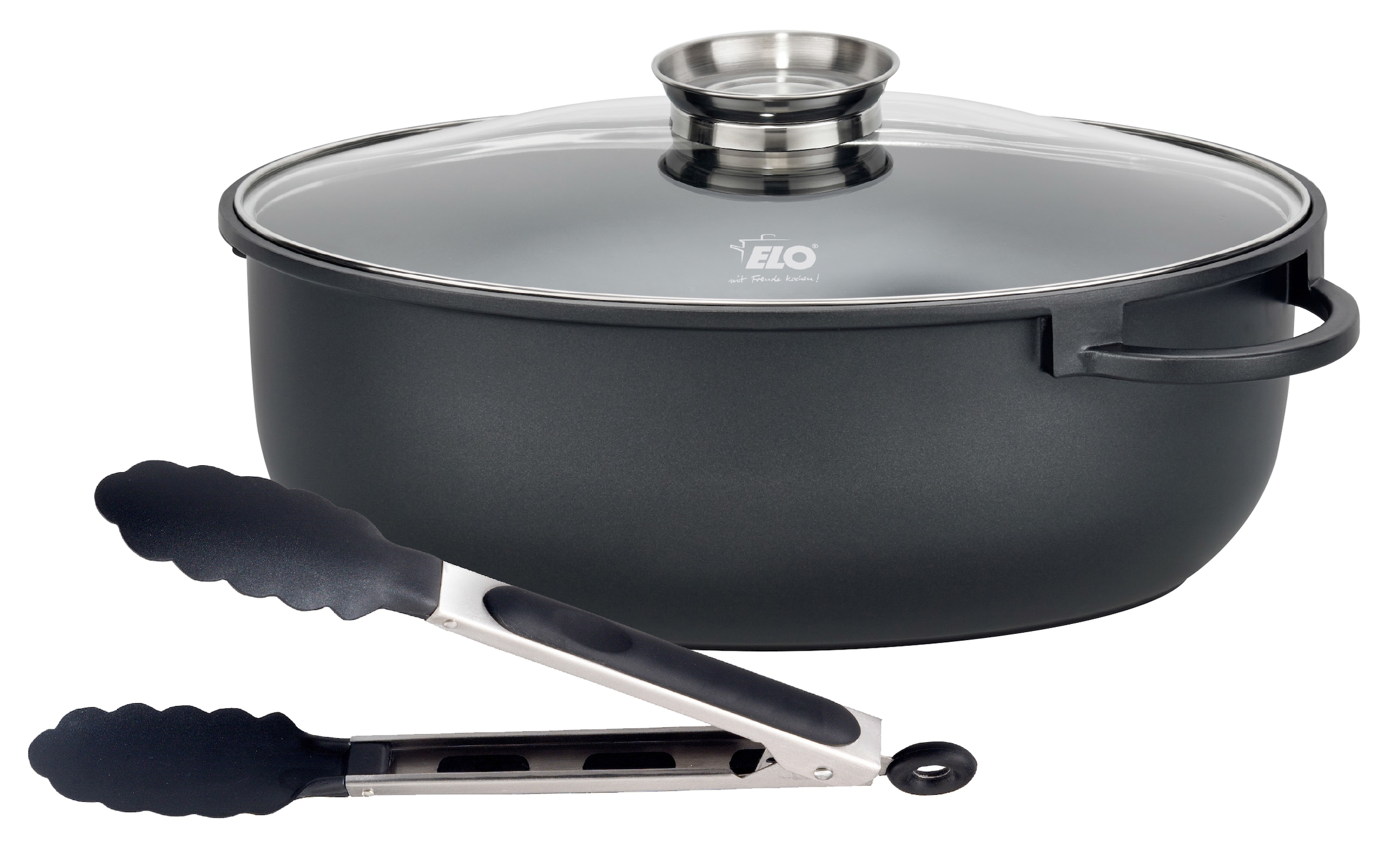 Elo Bräter »Alucast Alugussbräter oval 38 cm inkl. Servierzange«, Aluminiumguss, (1 tlg., 1 Bräter mit Glasdeckel, 1 Servierzange), Induktion, Aromaknopf, Kochzange