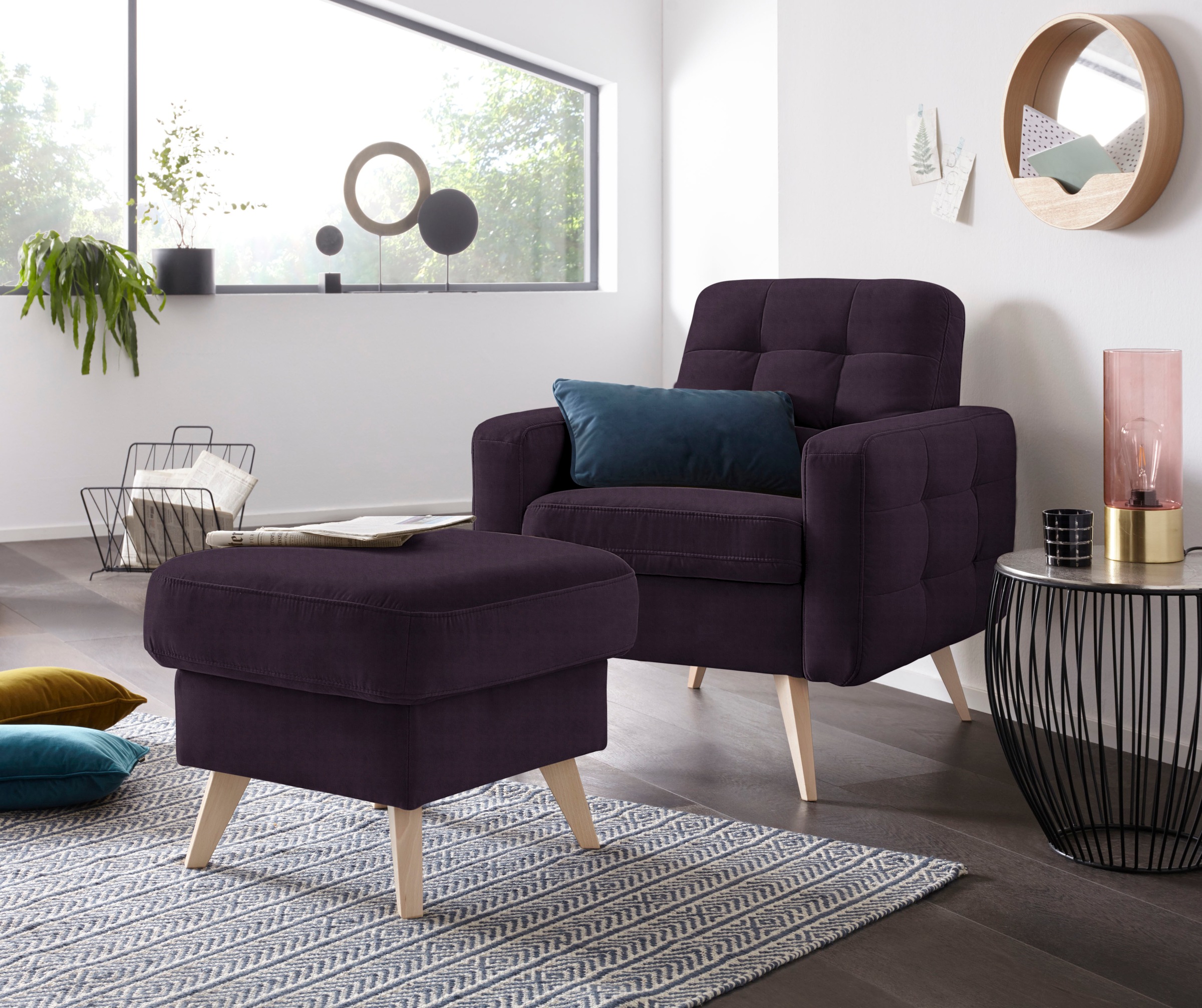 exxpo - sofa fashion Sessel »Nappa, Loungesessel, aktuelle Rückensteppung, bequem und modern«, hoher Holzfuß