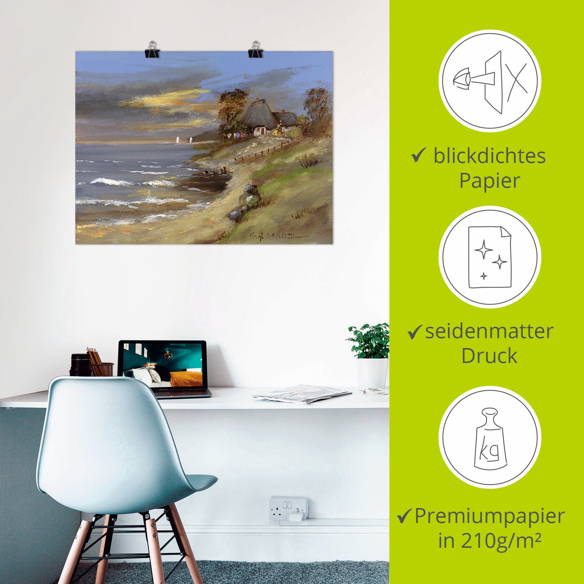 Artland Poster »Weiß strohgedecktes Haus am Meer«, Gewässer, (1 St.), als Leinwandbild, Wandaufkleber oder Poster in versch. Größen
