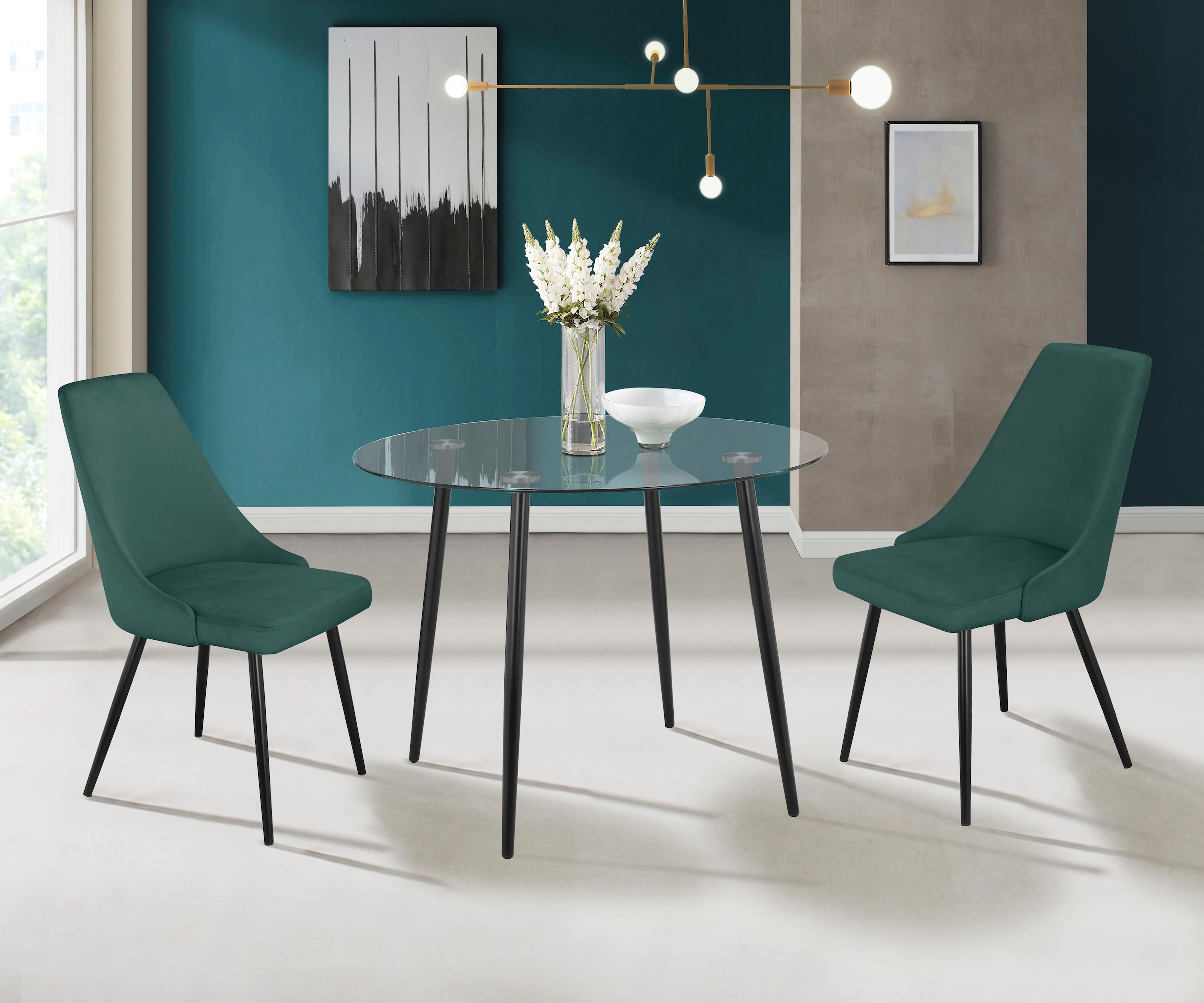 INOSIGN Esszimmerstuhl »Malio«, (Set), 2 St., Veloursstoff, eleganter Stuhl mit Rücken und Sitzpolster und schwarzen Metallbeinen