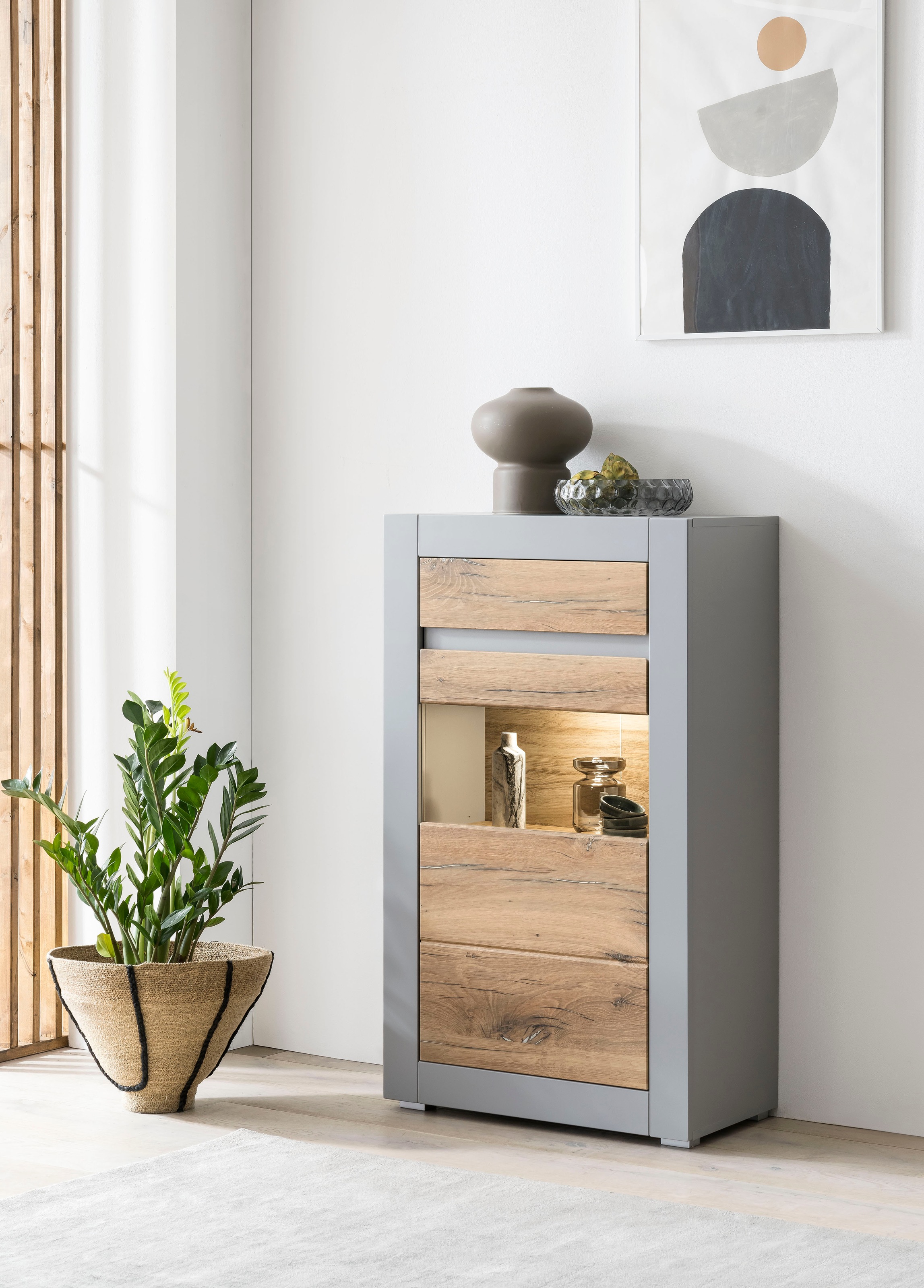 Vitrine „CASABLANCA“, mit Soft-Close, Funktion, Höhe 113 cm, Platingrau B/H/T: 66 cm x 113 cm x 35 cm