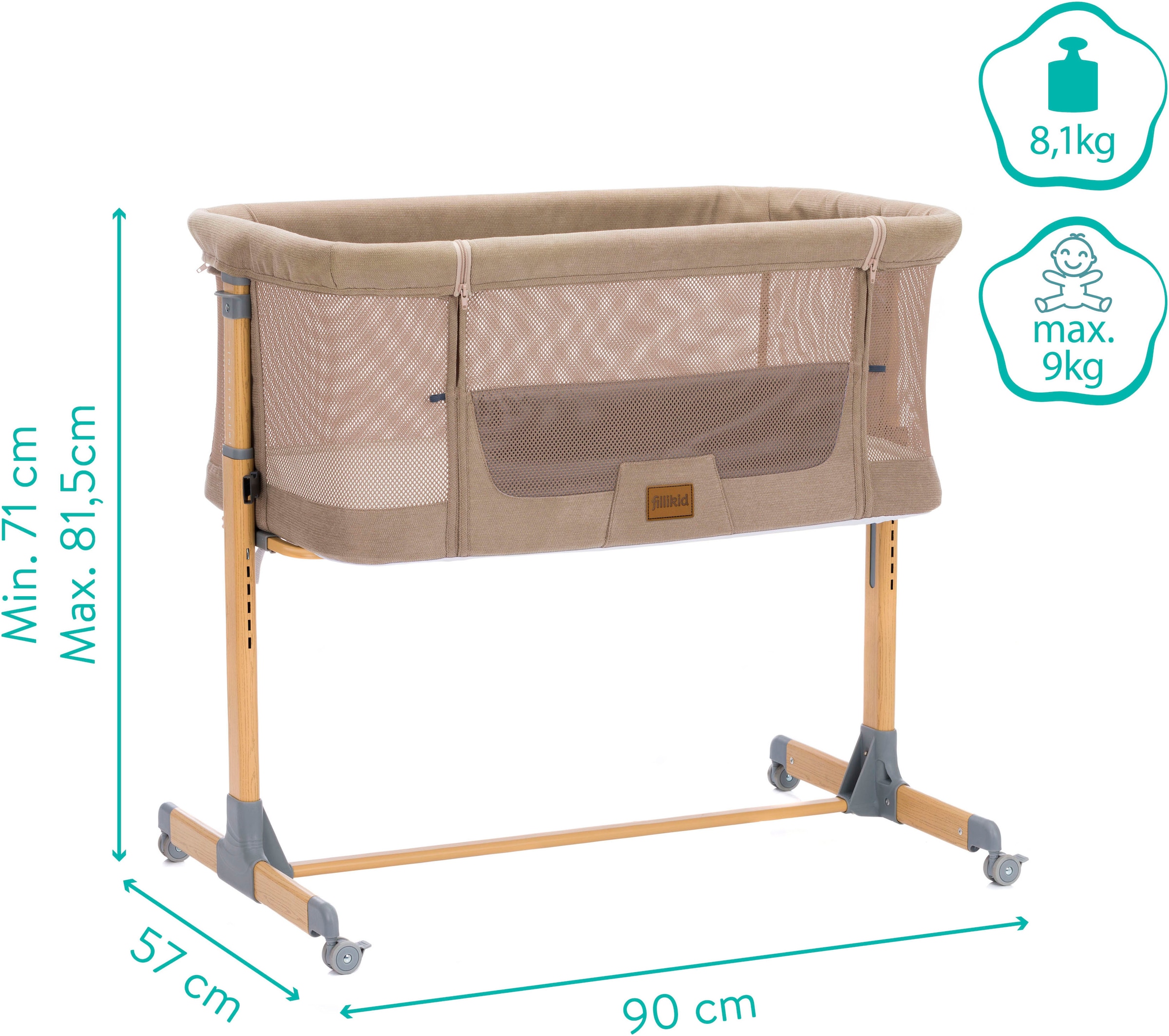 Fillikid Beistellbett »Air caramel inkl. Rollen«