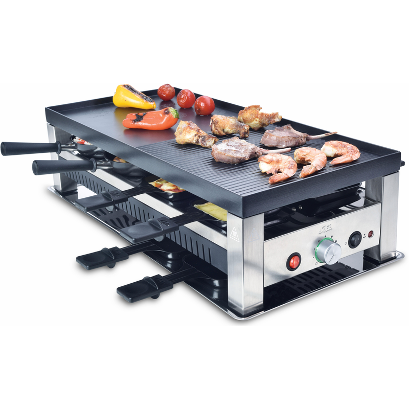 SOLIS OF SWITZERLAND Raclette »Typ 791« 8 Stk. Raclettepfännchen 1.400 W 5in1: Raclette, Tischgrill, Crépe, Mini Wok, Pizza schwarz