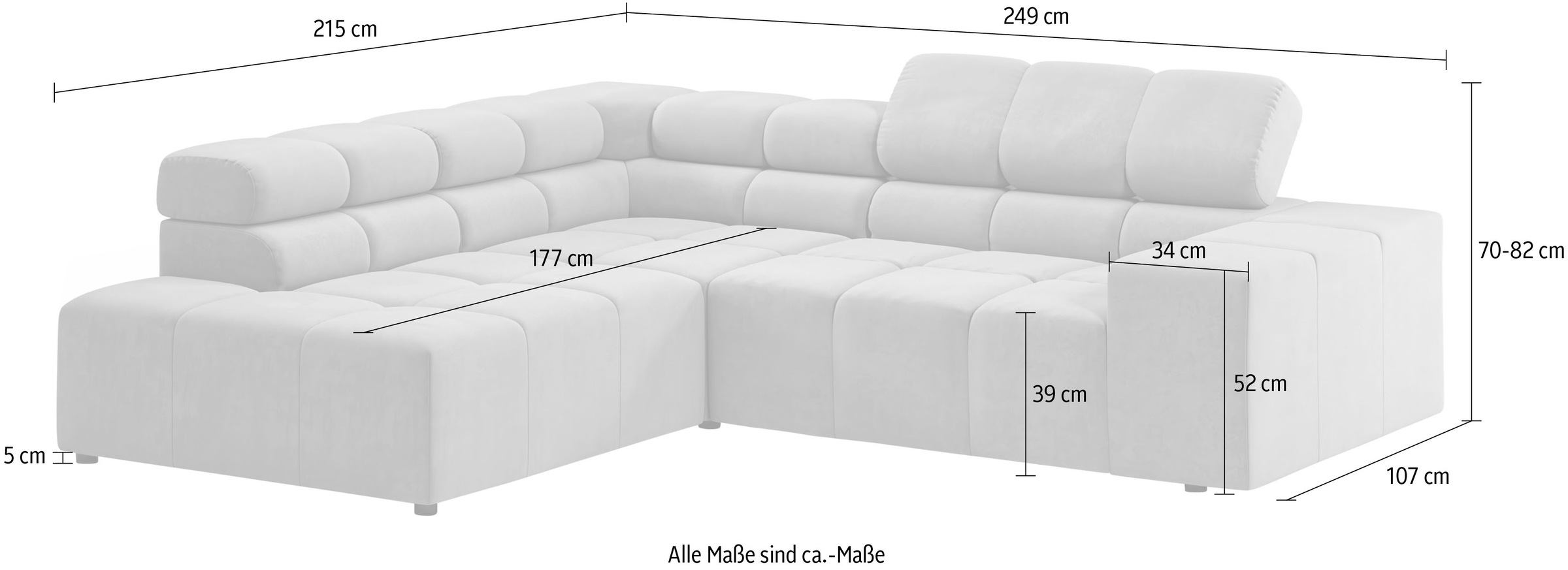 INOSIGN Ecksofa »Ancona, incl. Kopfteilverstellung + 3 Zierkissen, L-Form, bequem«, wahlweise motorische Sitztiefenverstellung, B/T(H: 249/215/70 cm
