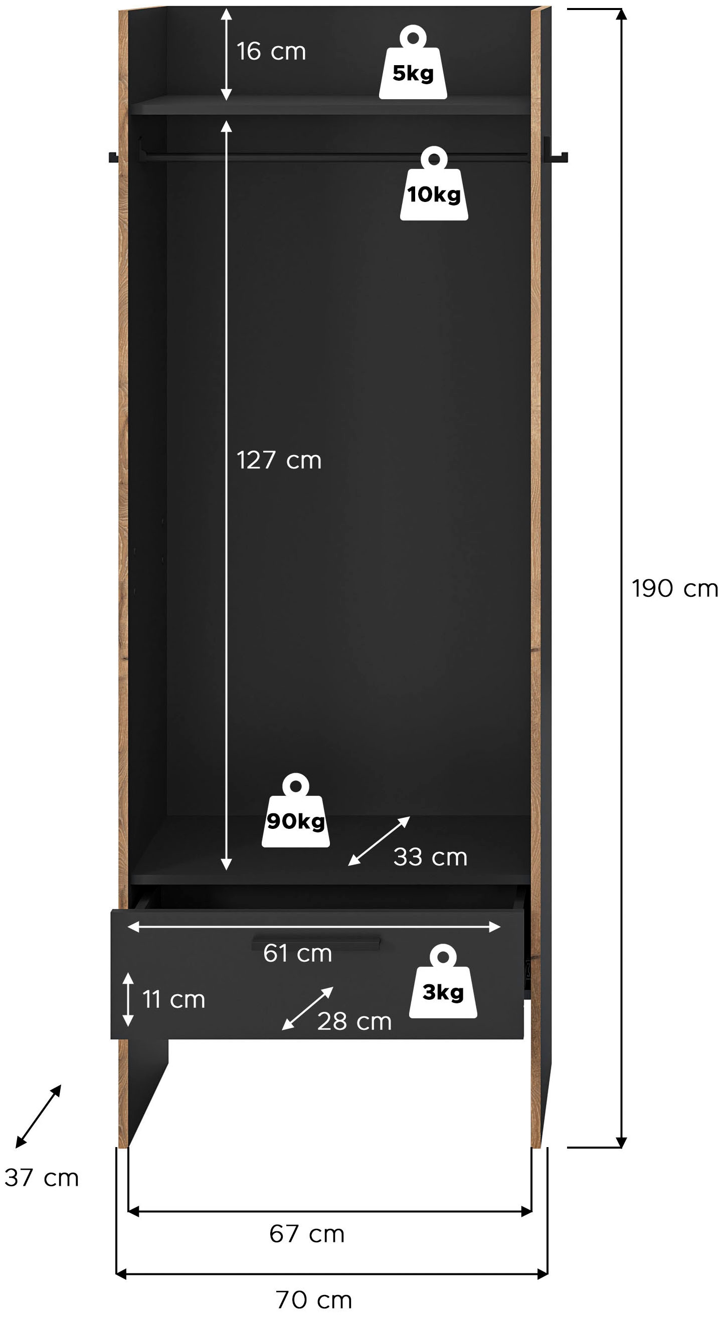 INOSIGN Garderobenschrank »MUSTA, Breite: 70cm, inkl. Kleiderstange, 2 Haken, 1 Schubkasten«, Dielenschrank, Flurschrank, Schrank, Universalschrank, Sitzbank