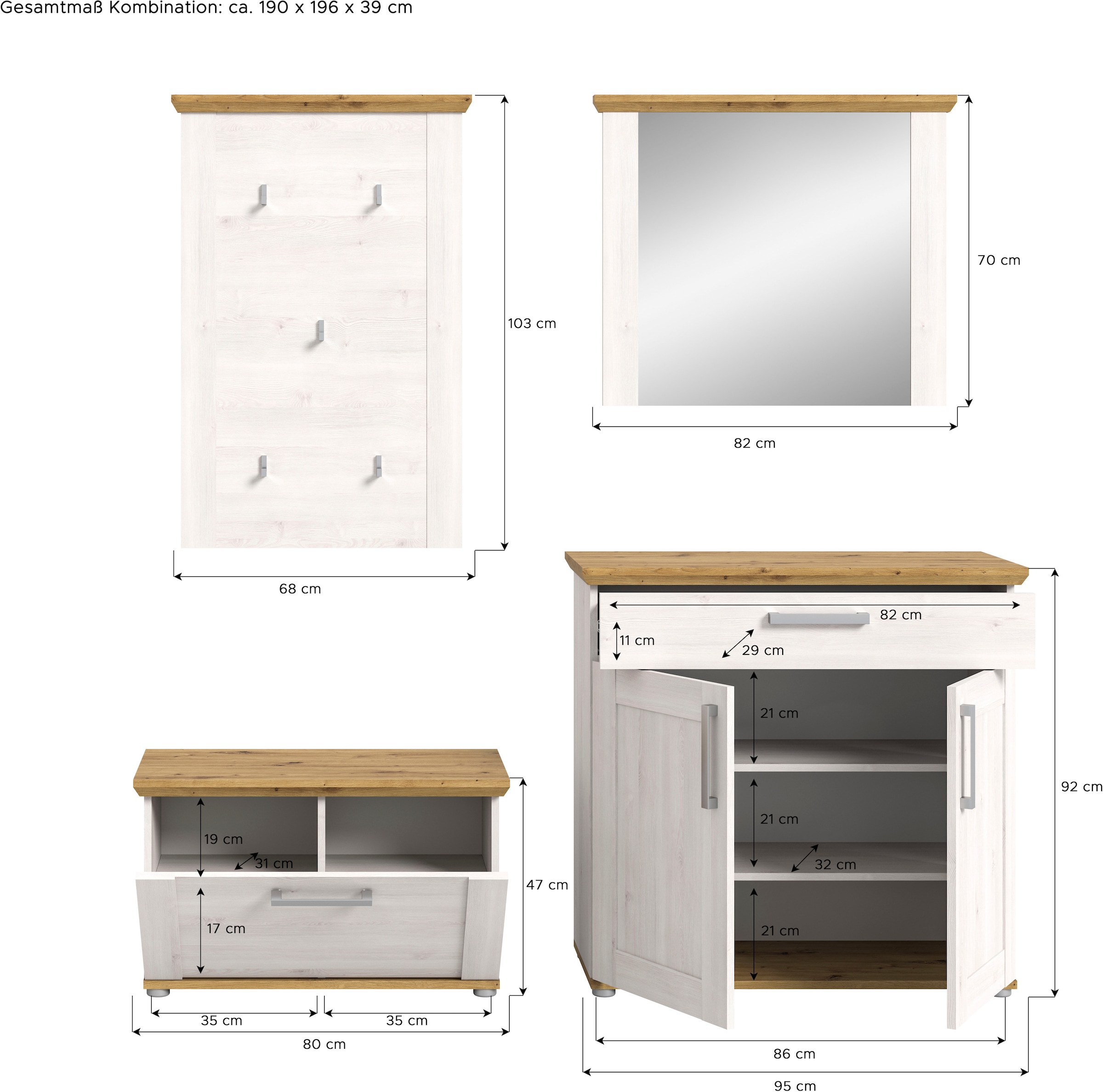 Home affaire Garderoben-Set »Cosenza, Breite ca. 190 cm, 2-farbig, 4-teilig, bestehend aus:«, (4 St.), Sitzbank, Garderobenpaneel, Schuhschrank, Spiegel, in Landhausoptik
