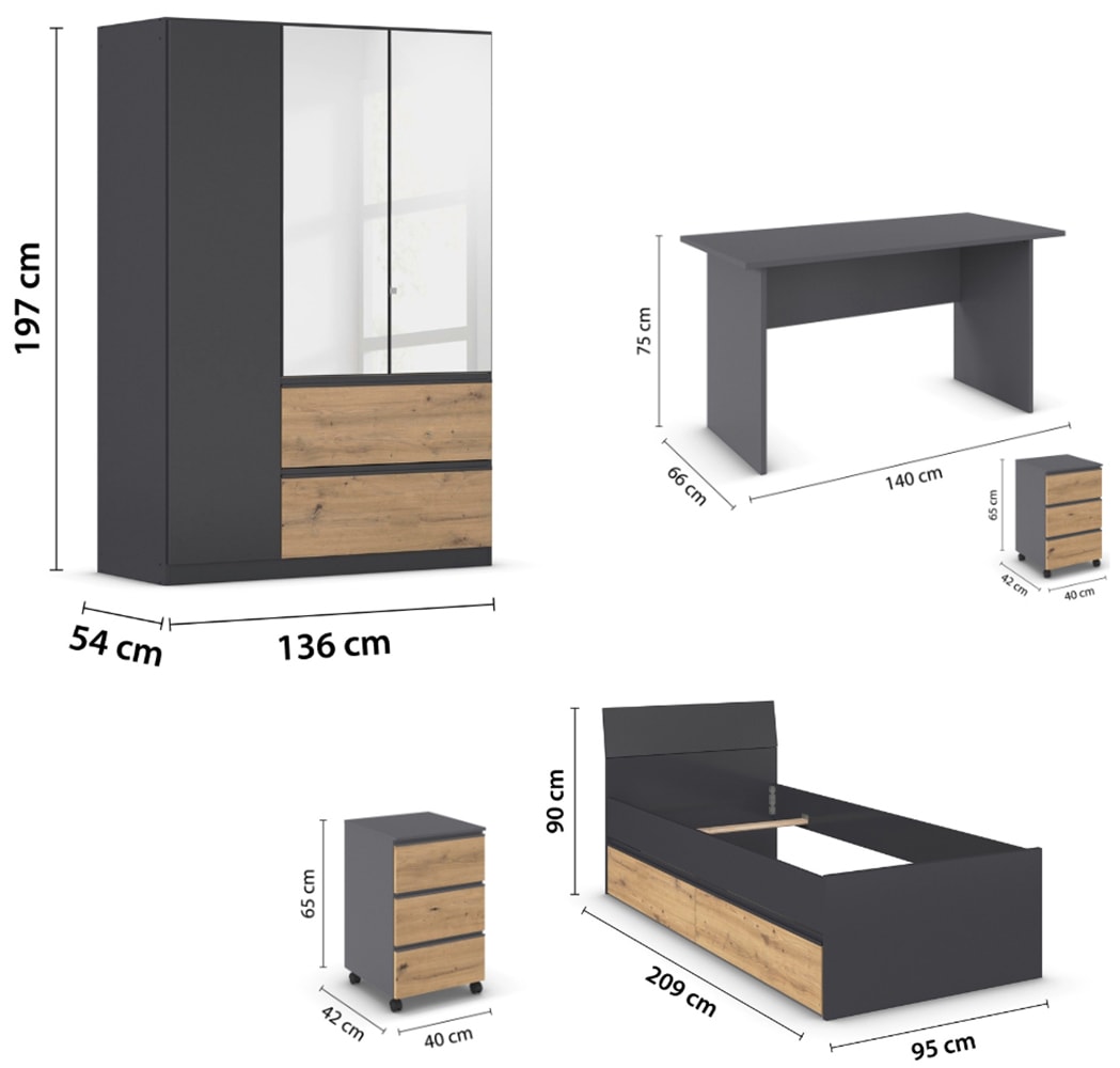 rauch Jugendzimmer-Set »Komplettzimmer Schlafzimmer-Set (5-St.) Jugendzimmer-Set JOEL« Set, 5 Stk. tlg. Bett 2 Breiten,Nachttisch,Tisch,Rollcontainer,Schrank MADE IN GERMANY