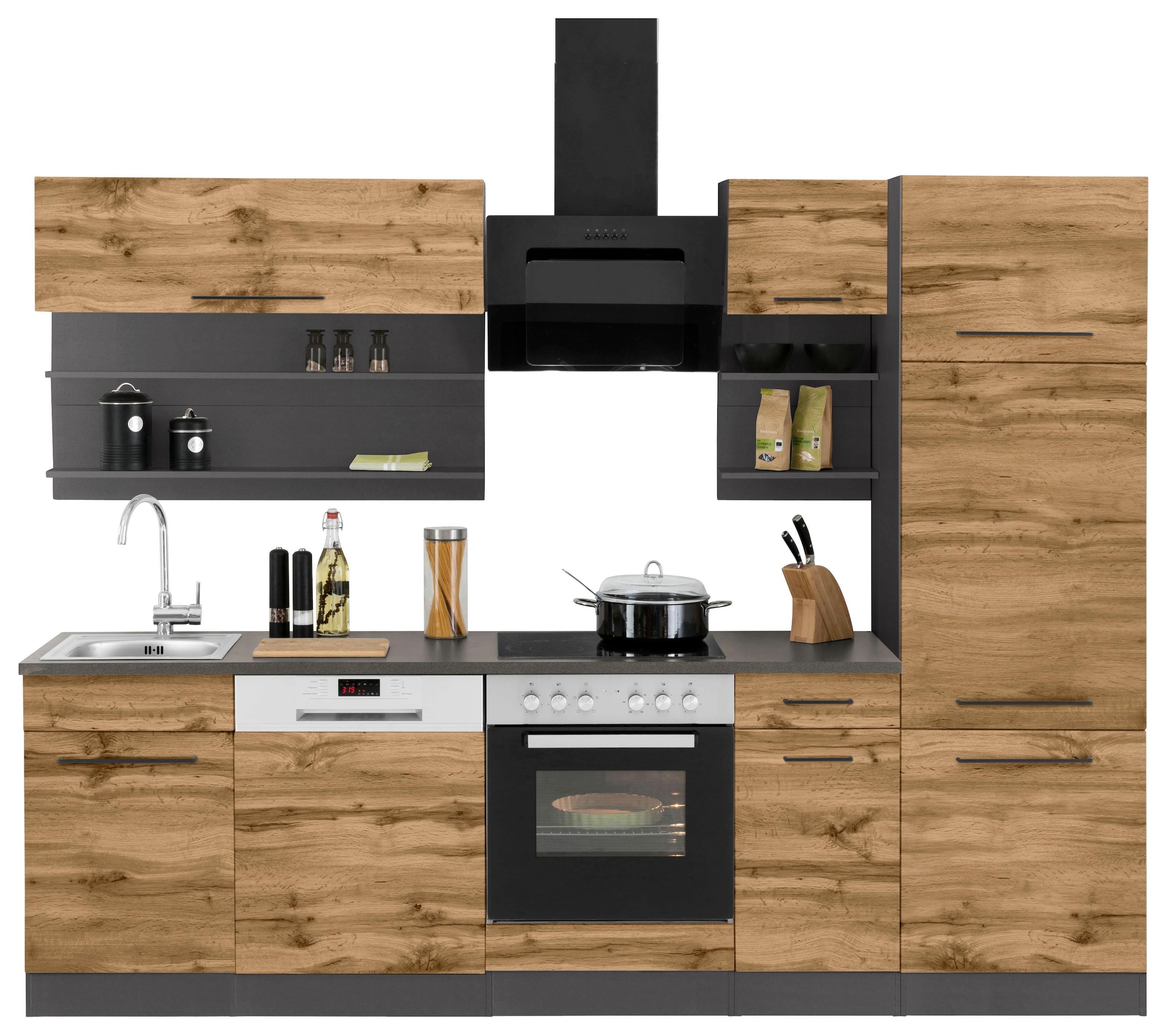 KOCHSTATION Küchenzeile »KS-Tulsa«, ohne E-Geräte, Breite 270 cm, schwarze Metallgriffe, MDF Fronten