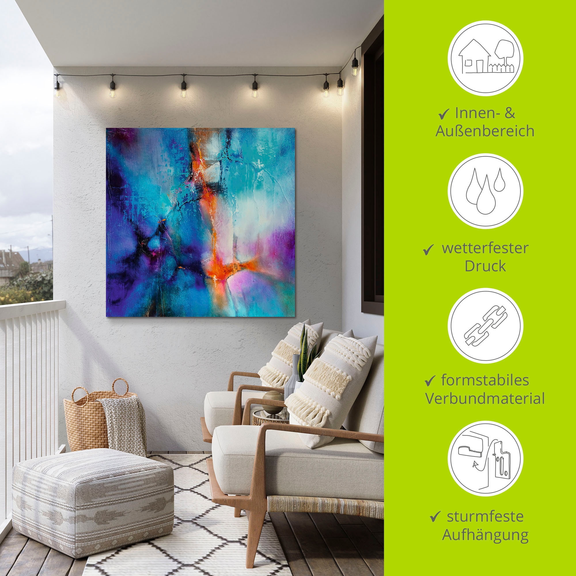 Artland Alu-Dibond-Druck »Türkis und Magenta I« Gegenstandslos 1 Stk. tlg. für Innen- und Außenbereich geeignet, Outdoorbild