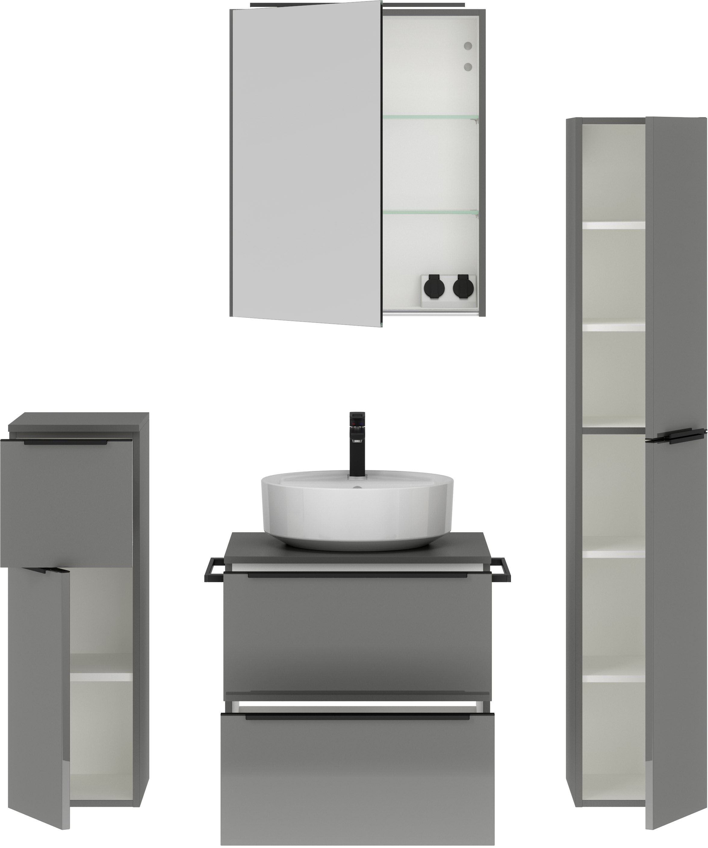 nobilia® Badmöbel-Set »Alvene«, (4 St., vormontiert, mit Soft-Close), inkl. Spiegelschrank mit Beleuchtung und Dimmerfunktion, in 4 Breiten