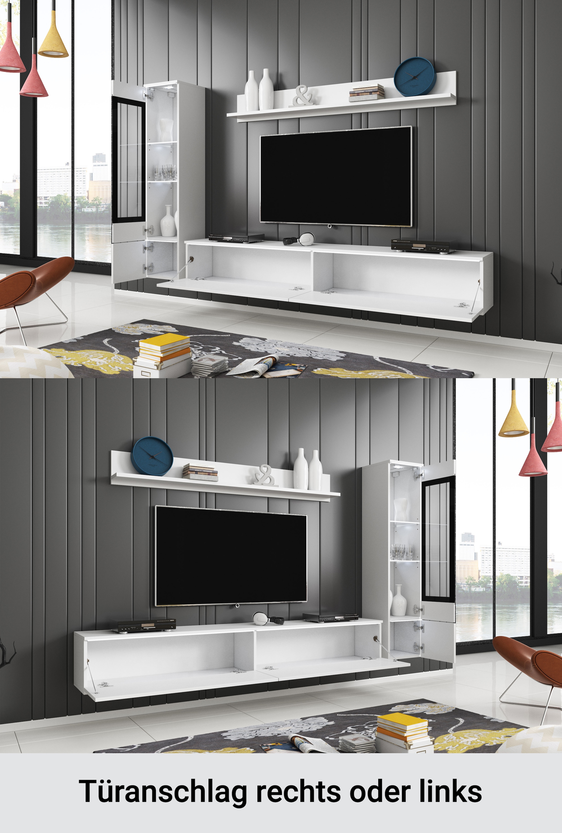 INOSIGN Wohnwand »VERA I, Vitrinen Türanschlag links/rechts wechselbar«, (Komplett-Set, 3 St.), Mediawand 230 cm, Vitrine mit Verglasung, stehend und hängend