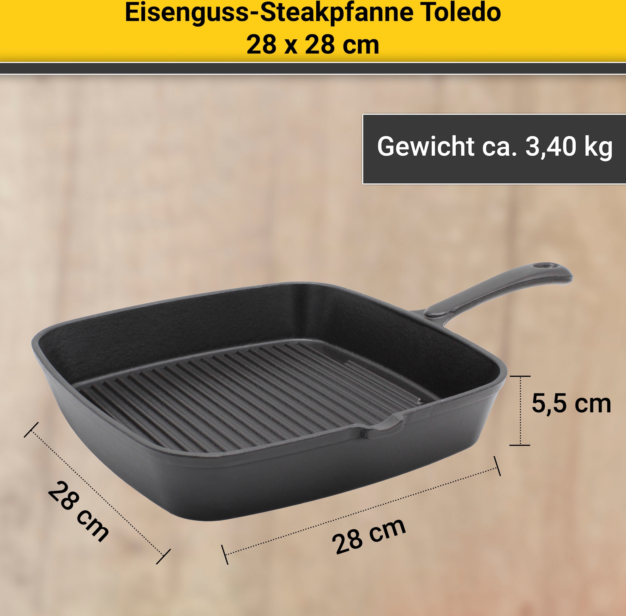 Krüger Steakpfanne »Einsenguss Grill-/ Steakpfanne TOLEDO, 28 x 28cm«, Gusseisen, (1 tlg.), für Induktions-Kochfelder geeignet