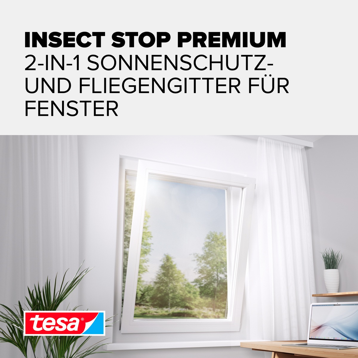 tesa Fliegengitter-Gewebe »2-in-1 Sonnenschutz- und Fliegengitter Premium für Fenster« Packung, Fliegennetz, Klettband, 1 Stk. tlg. INSECT STOP Fliegen Netz ohne Bohren - 130 cm x 150 cm