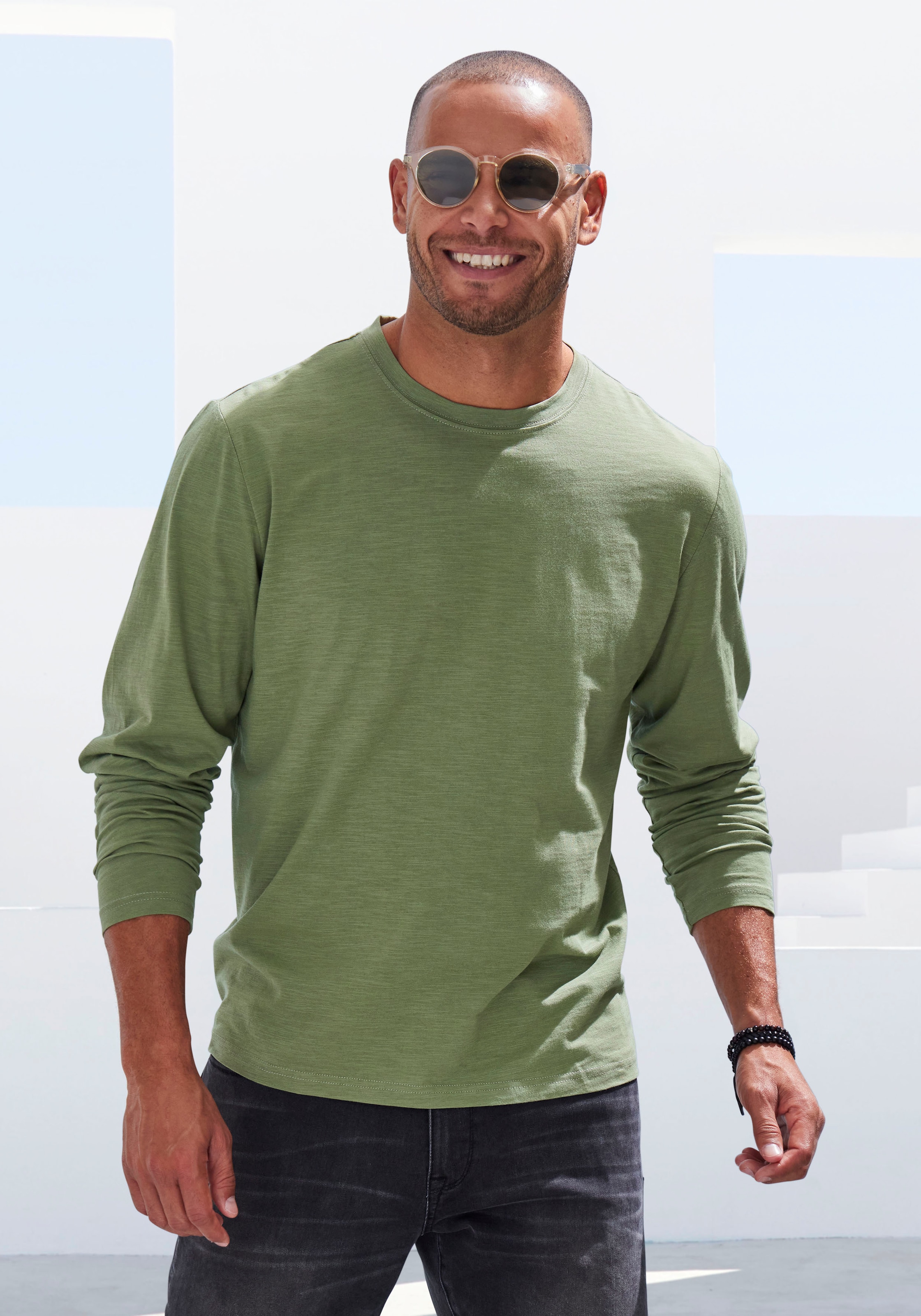 John Devin Langarmshirt »mit Struktur«, (2er-Pack), Longsleeve in hochwertiger slub-yarn Qualität