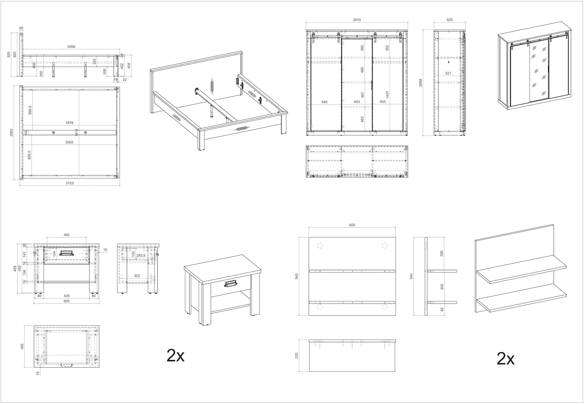 Home affaire Schlafzimmer-Set »SHERWOOD«, (6 St.), Liegefläche 180x200cm, Schrank 3-trg. 201cm breit