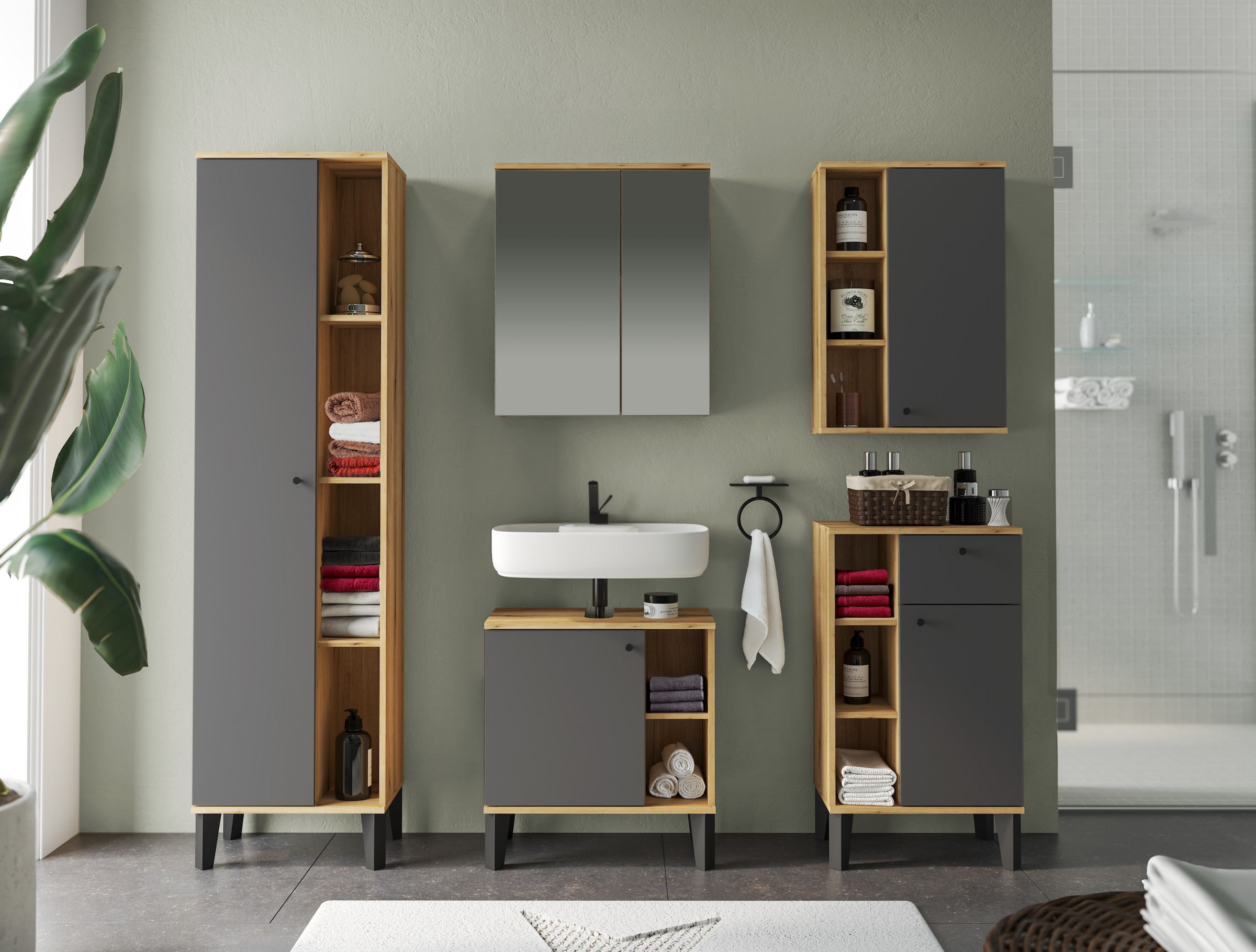 INOSIGN Hängeschrank »Oslo, Badschrank mit Knopfgriff, Wandschrank im skandinavischen Design«, in der Türfarbe Weiß oder Grau verfügbar, ausreichend Stauraum