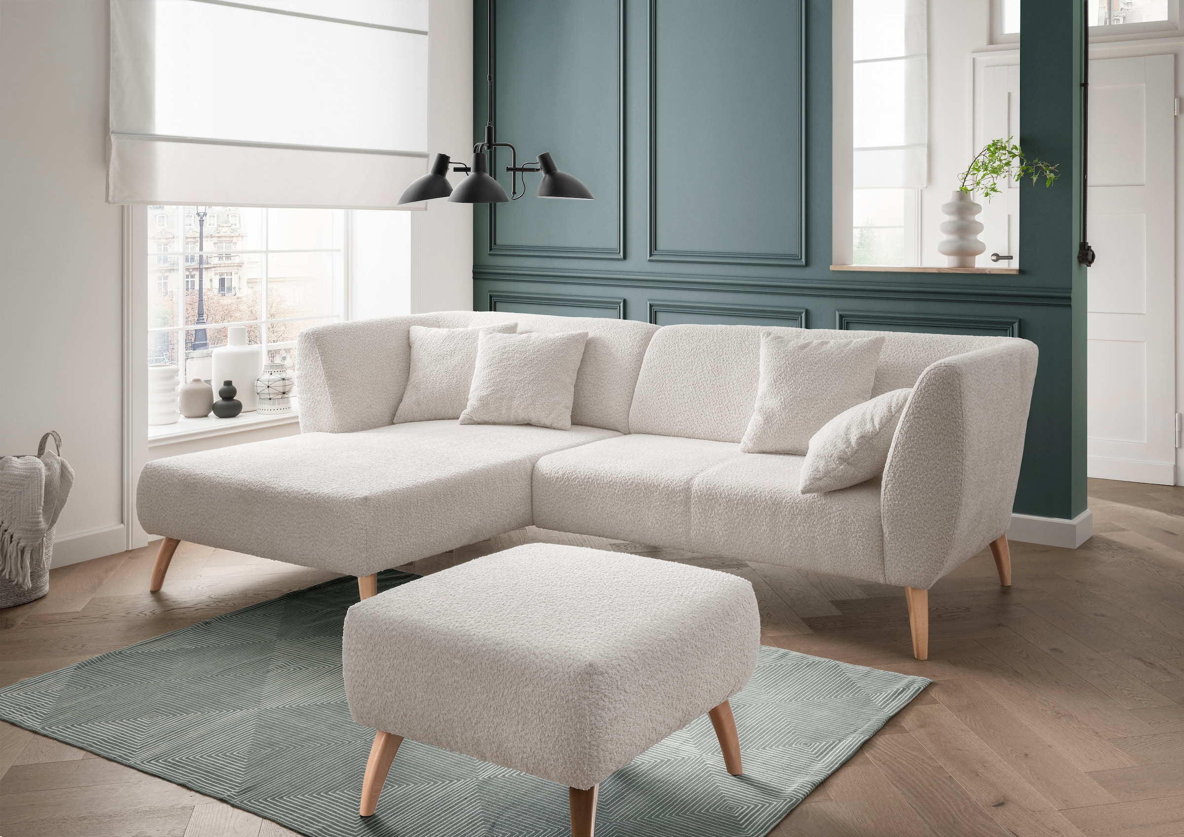 INOSIGN Ecksofa »Colori L-Form«, Holzfußfarbe wählbar, inkl. 4x Zierkissen günstig online kaufen