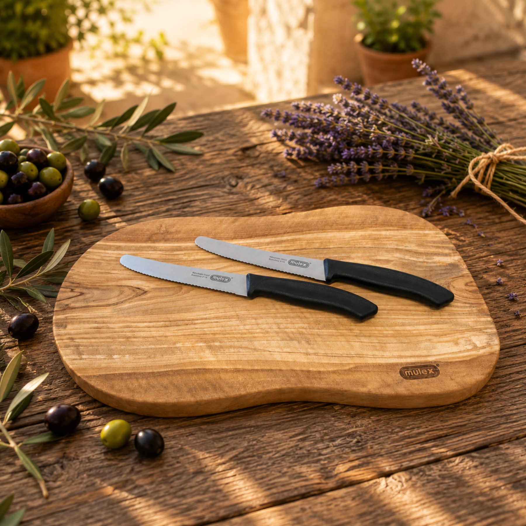 Mulex Schneidebrett »Toscana« Handmade, inkl. 2 extrascharfe Universal Tafelmesser