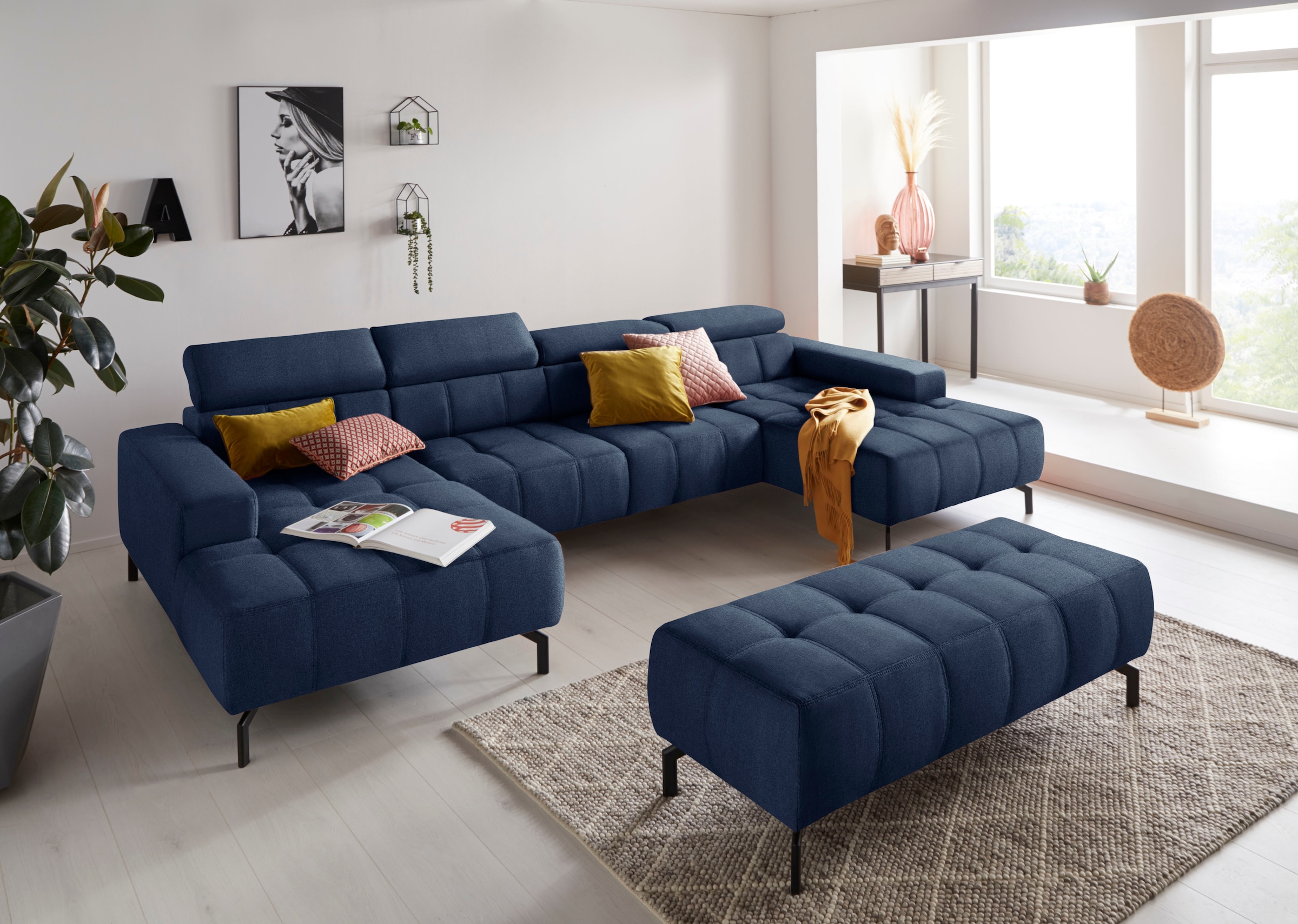 DOMO collection Wohnlandschaft »Cunelli tolle Sitznähte als Designelement, fester Sitzkomfort, U-Form«, wahlweise mit Kopfteilverstellung, bodenfrei