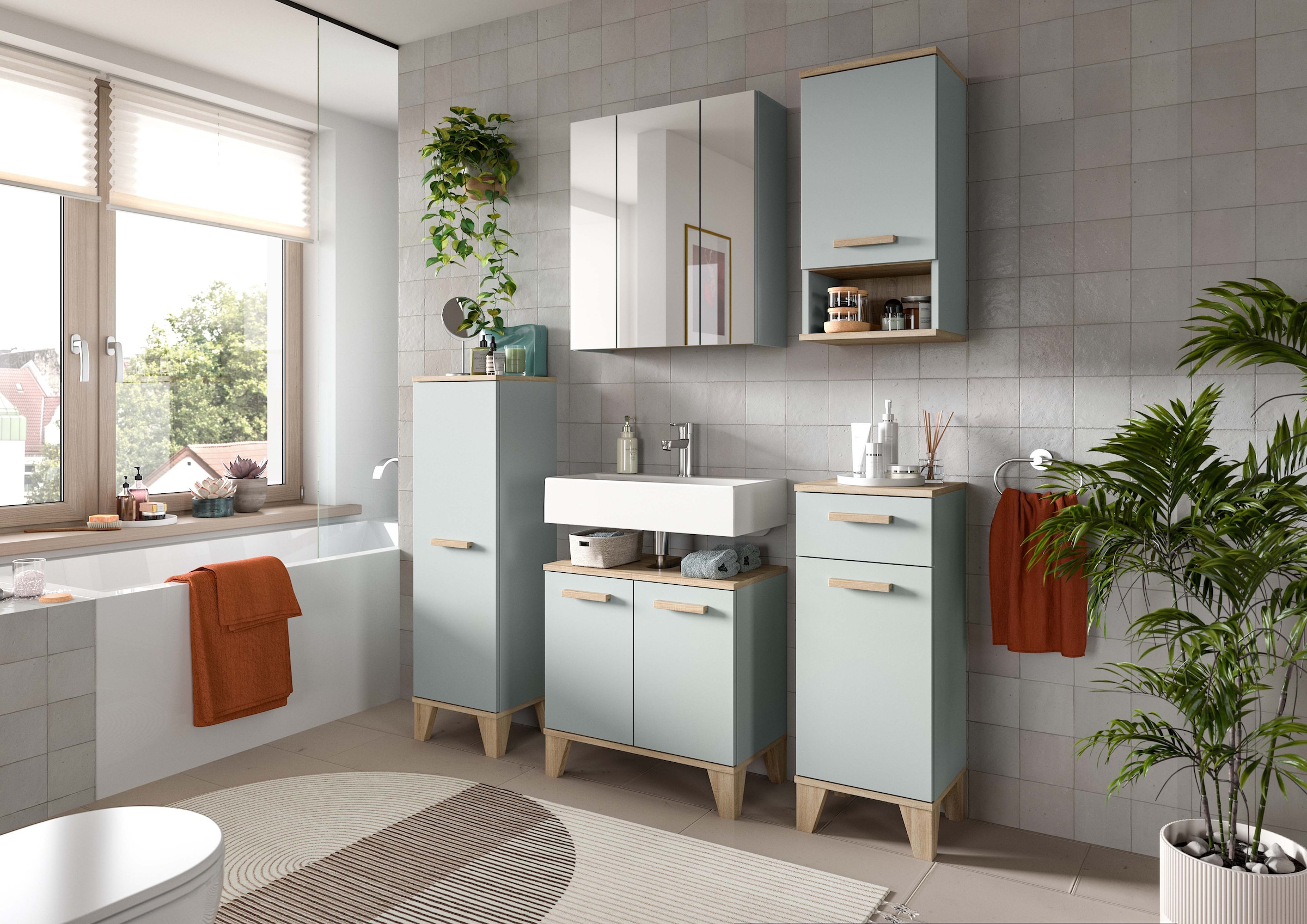 welltime Badmöbel-Set »MINTTU, 2-teilige moderne Badkombination im SCANDI-Look« bestehend aus: Waschbeckenunterschrank & Spiegelschrank, 2 Stk. tlg.