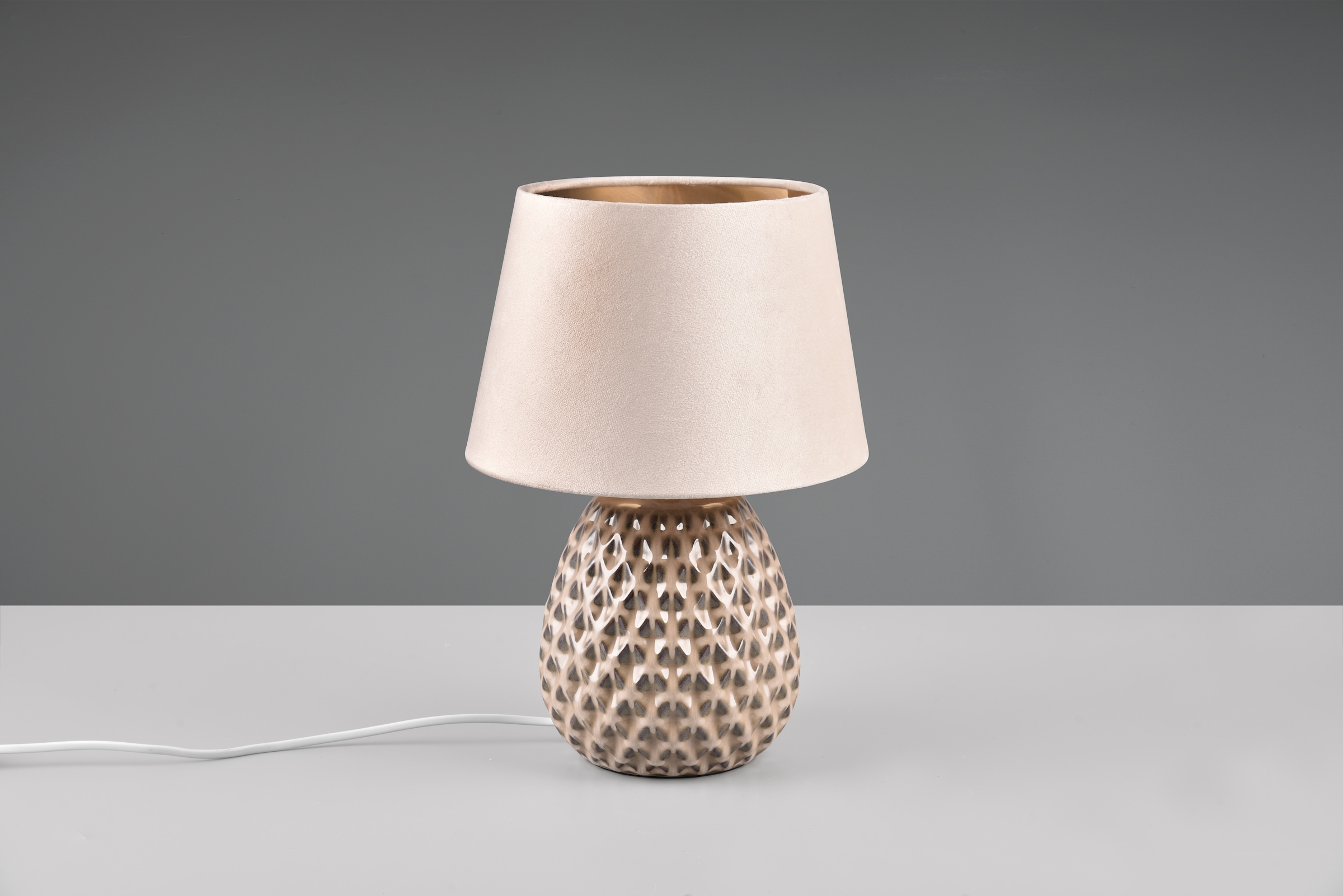 REALITY Leuchten Schreibtischlampe »ARIANA Tischleuchte exkl 1xE27 max60W Höhe 35cm Ø 24cm Nachttischlampe«, 1 flammig, Leuchtmittel E27 | Leuchtmittel wechselbar, Struktur Keramik Samt Schirm innen gold,Tischlampe mit Schnurschalter