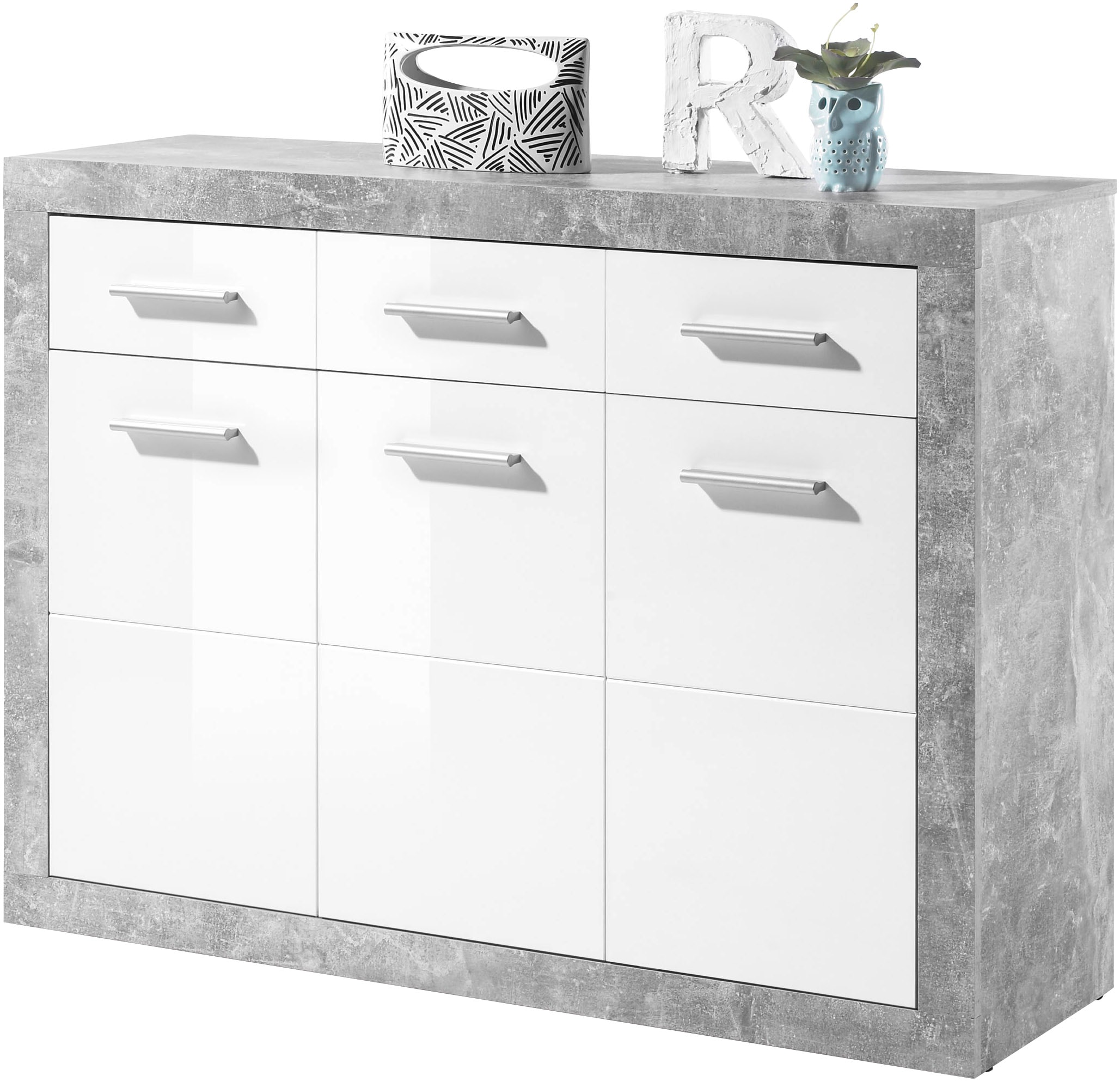 HBZ Kommode »Stone 2 weiß Glanz, BxHxT 117x88x37 cm«, Kommode mit 3 Türen, 3 Schubkästen, 2 Einlegeböden