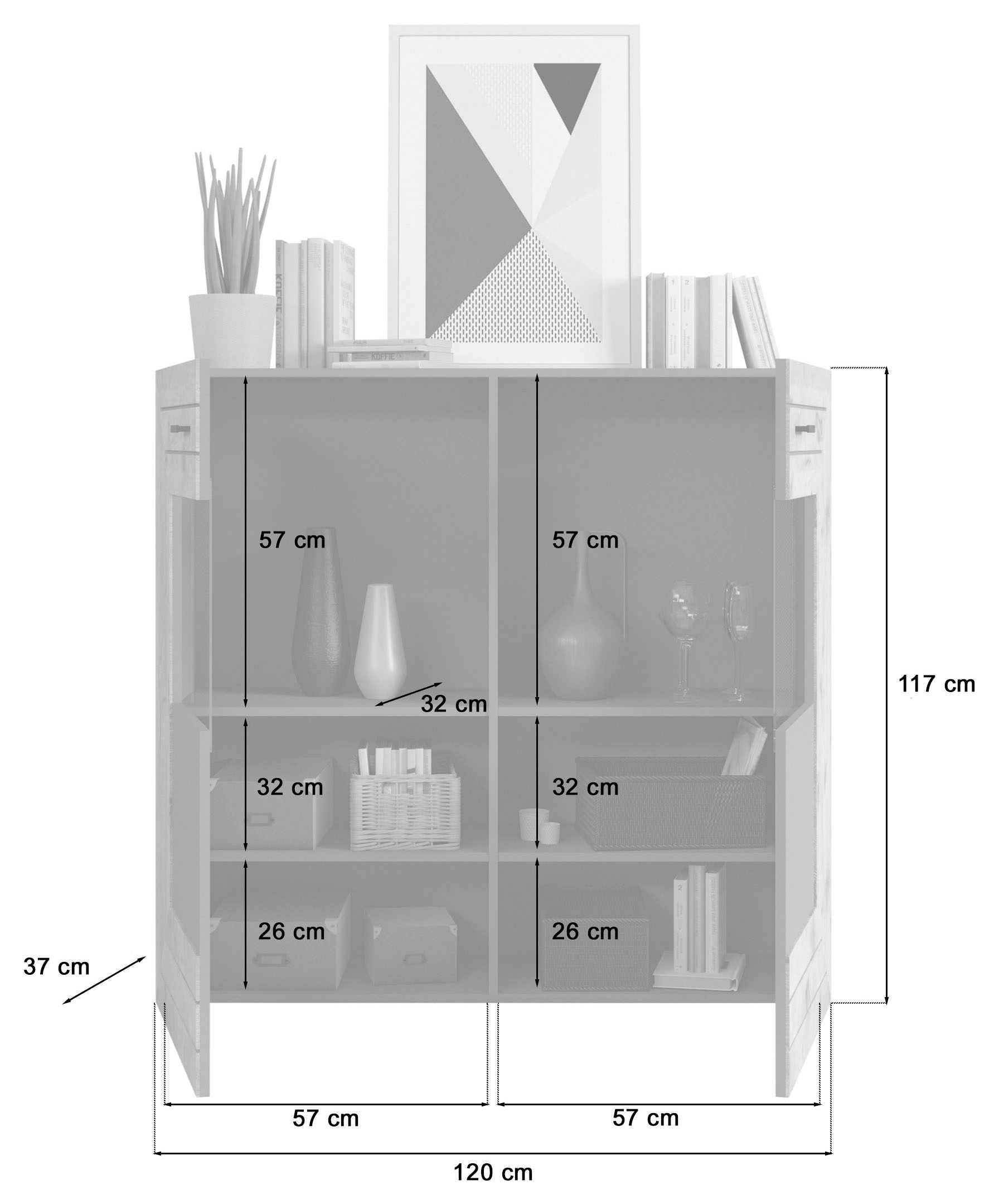 INOSIGN Highboard »Aalborg, Höhe 117cm, 2 Glastüren, 6 Fächer, 2-farbig, Metallgriffe«, Anrichte, Schrank, Kommode, Midischrank, Wohnmöbel, Wohnzimmer