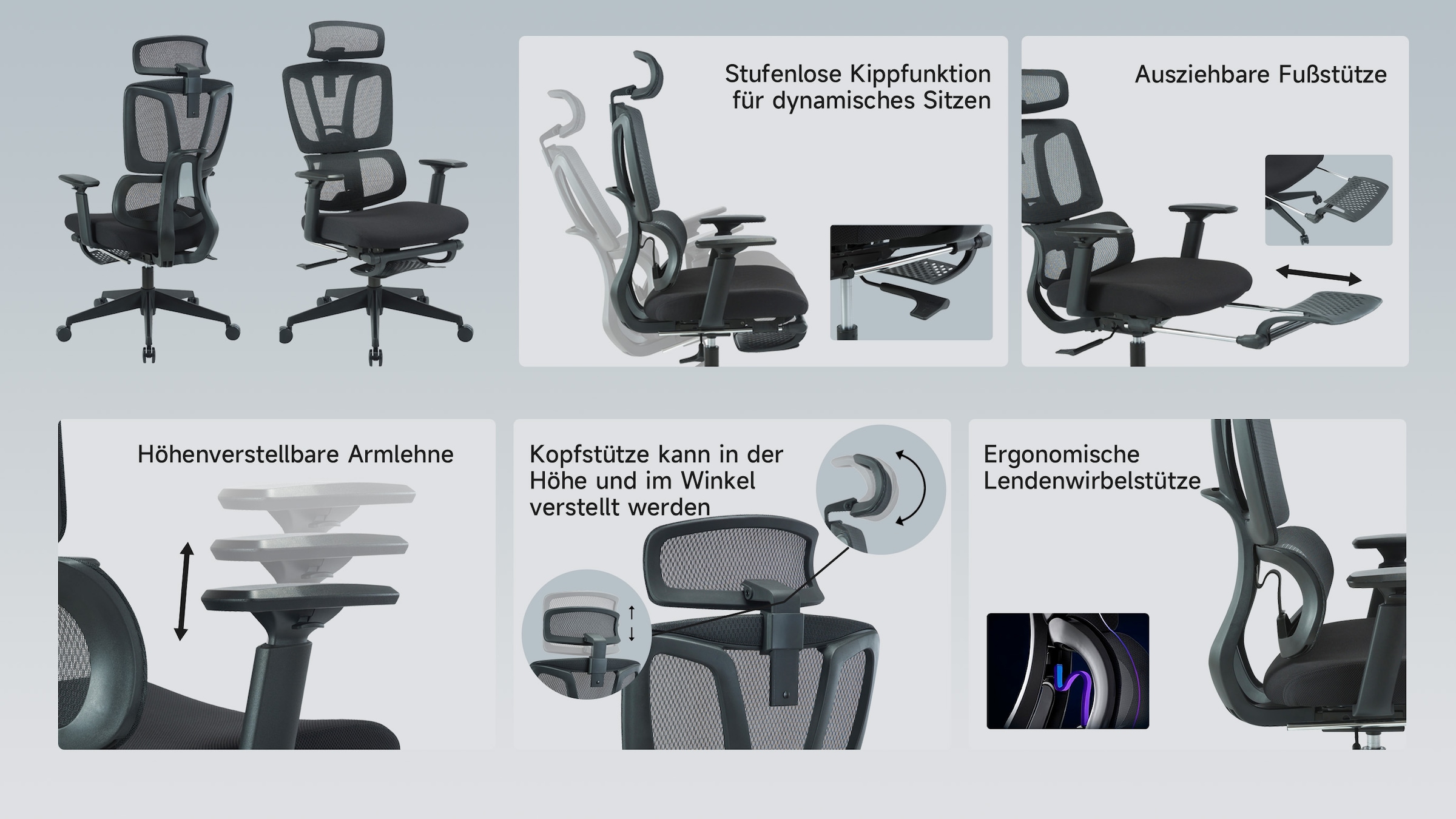 PLACES OF STYLE Bürostuhl »ZELLINA« () mit Lordosenstütze, atmungsaktiver Sitz, ausziehbares Fussteil