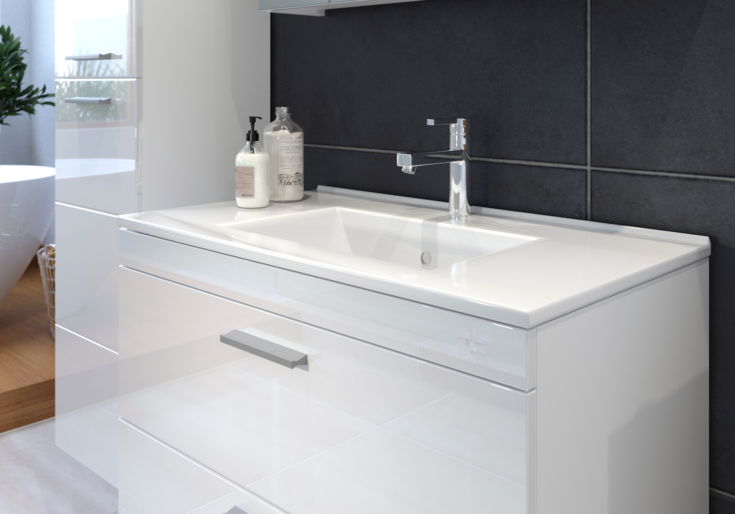 welltime Badezimmer-Set »Dormoletto«, (5 St.), Hängende Badezimmermöbel inklusive Einsatz-Waschbecken