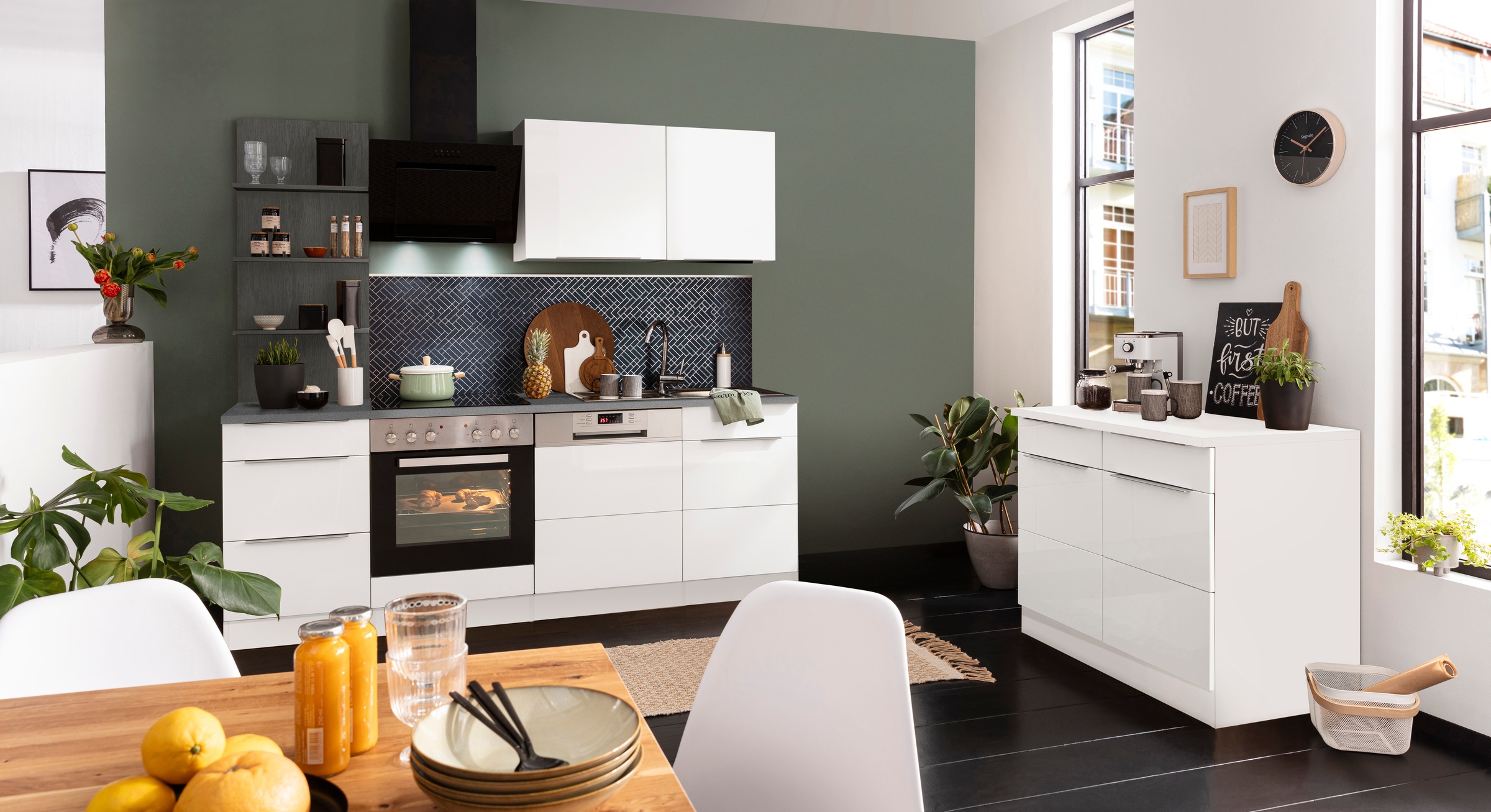 KOCHSTATION Küchenzeile »KS-Brindisi« Breite 220 cm, wahlweise mit E-Geräten, mit MDF-Fronten und Regal