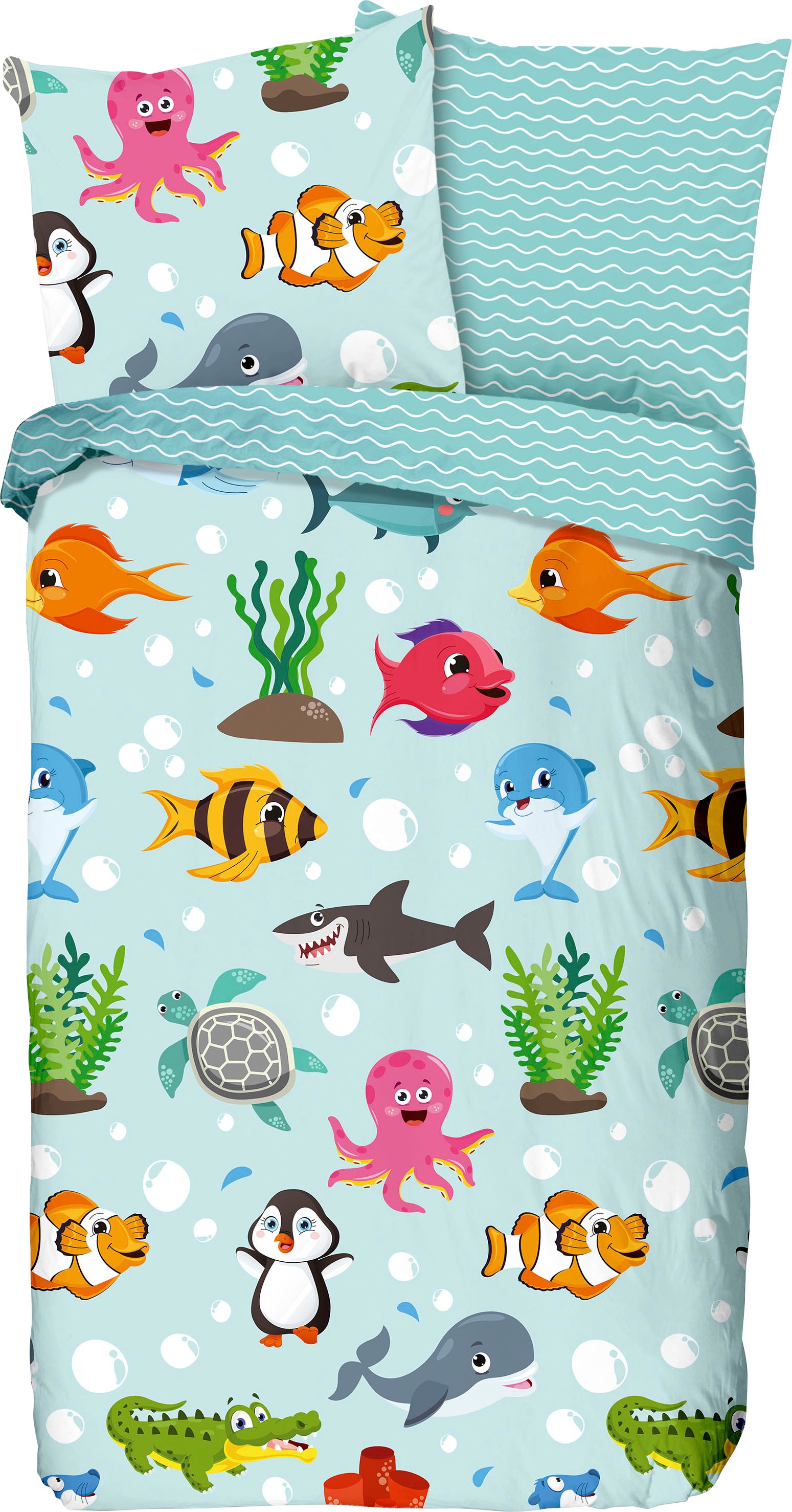 good morning Kinderbettwäsche »Sea«, Baumwolle, 135x200, Reißverschluss, Wende, Kind, Meer, Tier, Türkis