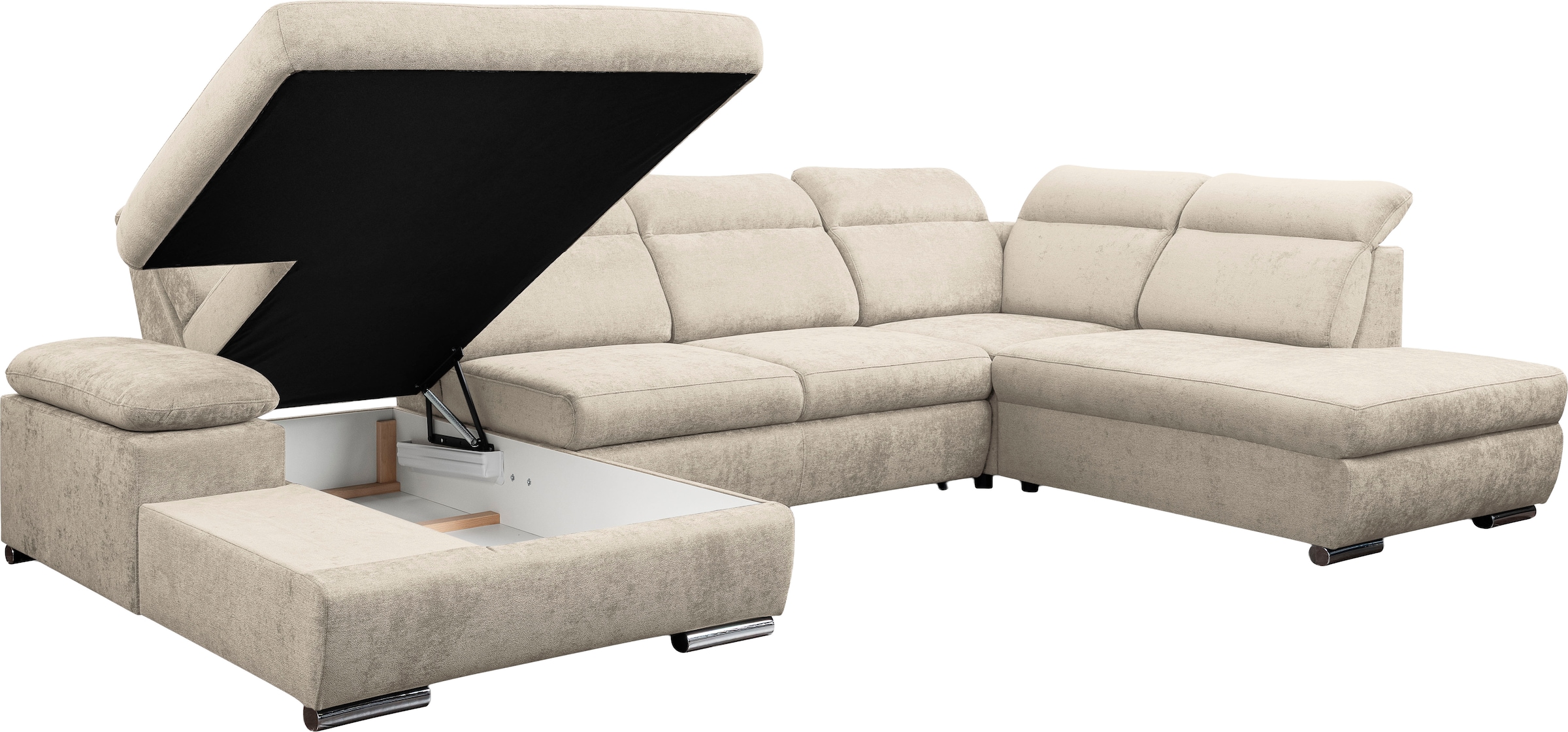 WERK2 Wohnlandschaft »Cordoba inkl. Bett & Bettkasten, Kopfteilverstellung, zeitlos, elegant« Struktur, U-Form, XXL, Schlaffunktion, Bettkasten