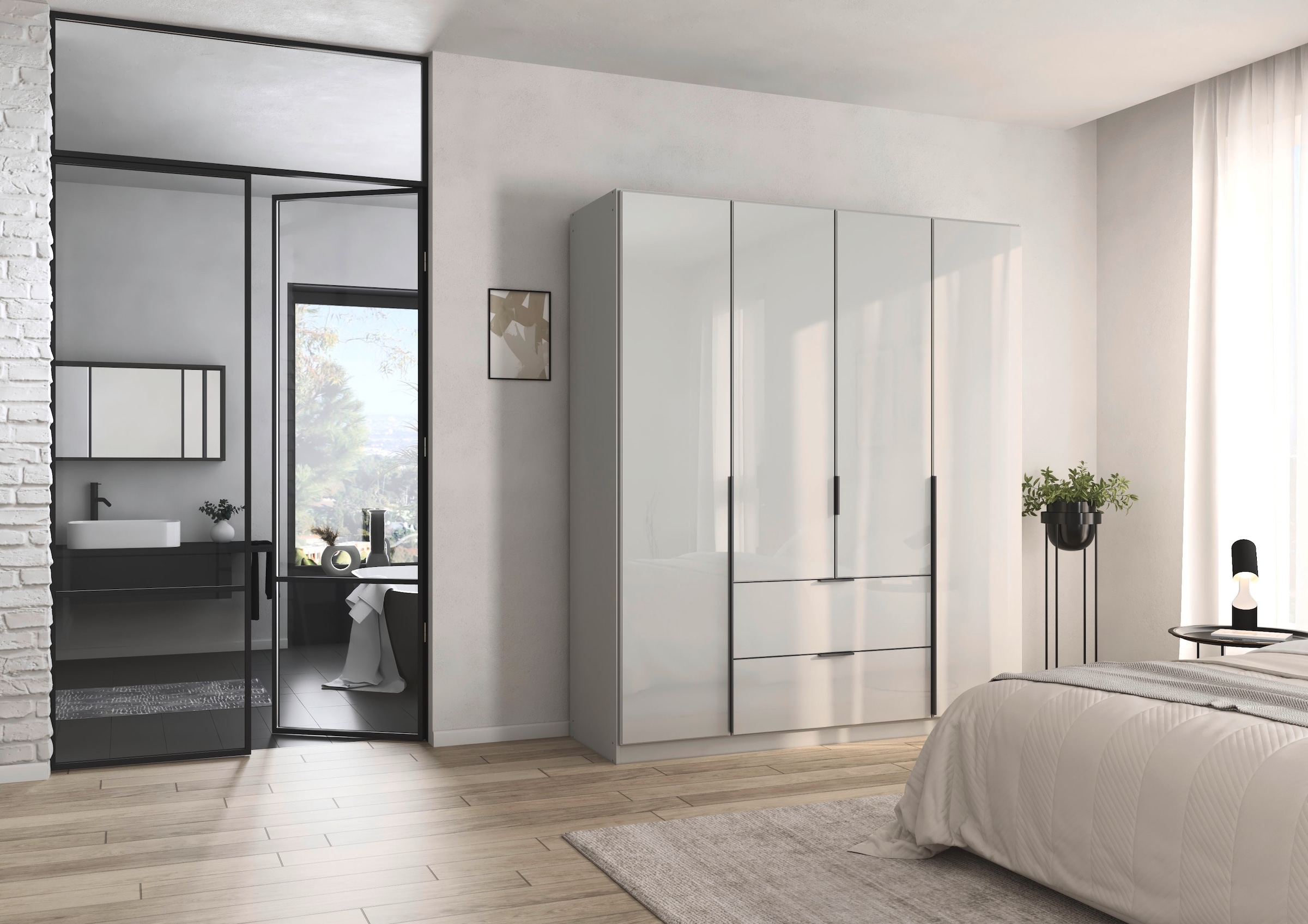 rauch Drehtürenschrank »Kleiderschrank Kleiderschränke Schrank Garderobe AGORDO mit Glasfront«, (in zwei Griff-Farben mit Glasfront), mit Außenschubkästen, in 6 Breiten und 2 Höhen MADE IN GERMANY