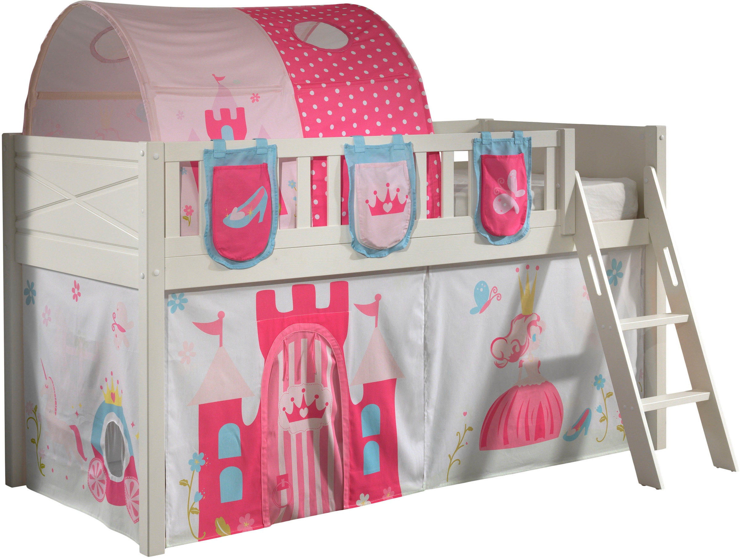 Vipack Hochbett »Scott«, (Made in Europe), mit Leiter, LF 90x200 cm, Vorhang, Tasche, Tunnel, 4 Designs