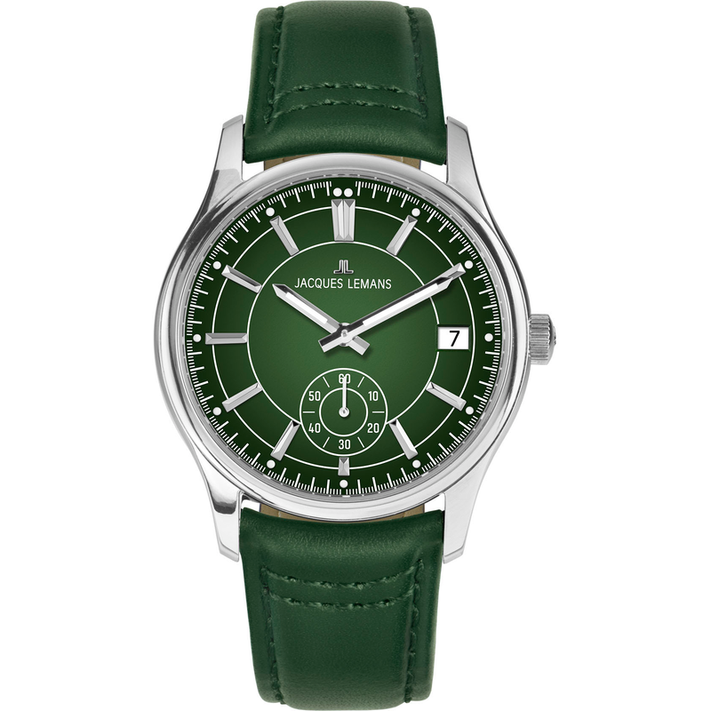 JACQUES LEMANS Quarzuhr »Derby« Armbanduhr, Herrenuhr, Lederarmband, analog, Tag, kleine Sekunde dunkelgrün-grün Elegante Armbanduhr für Herren