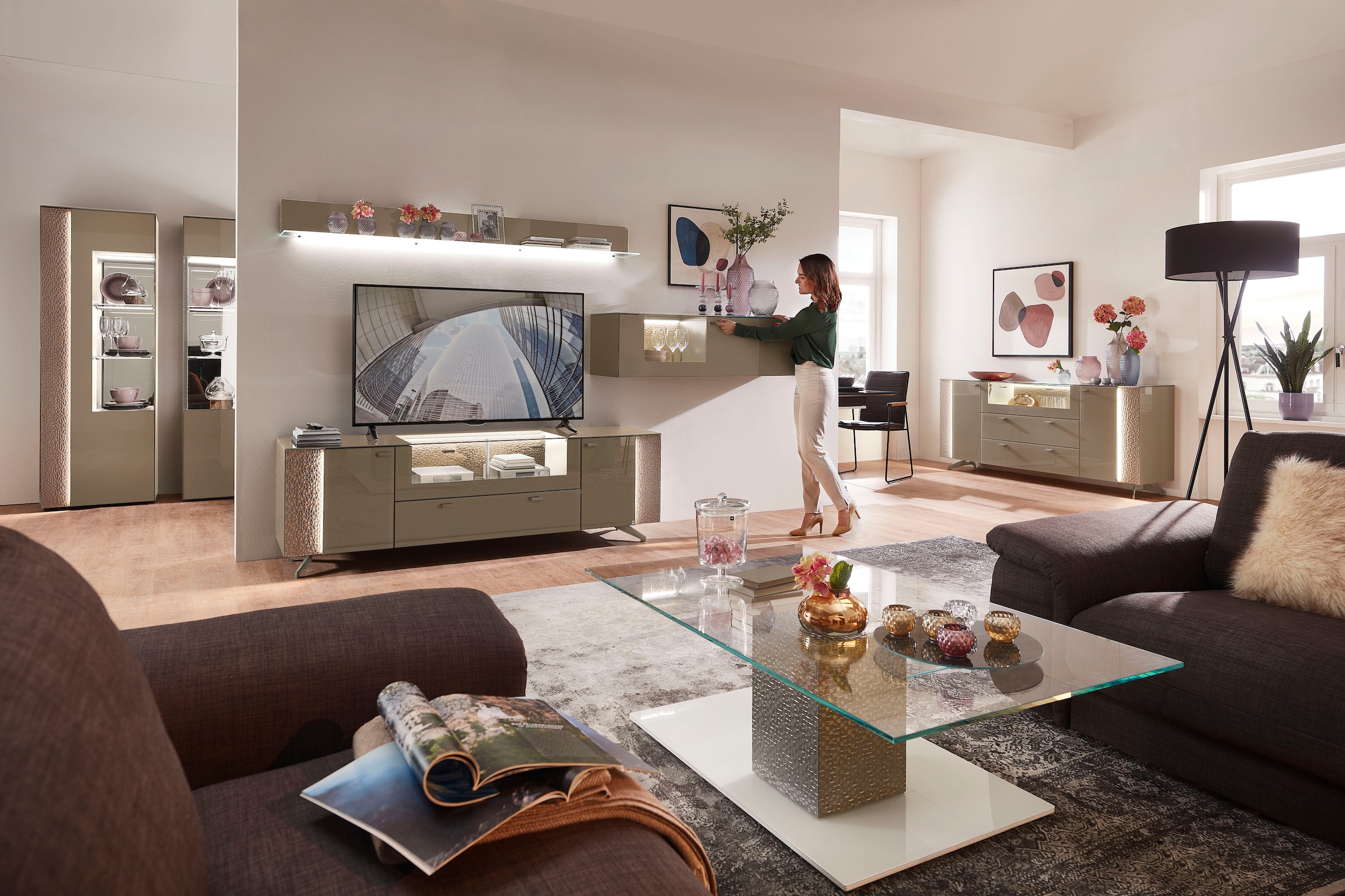 LEONARDO Sideboard »AUREA«, mit Pailletten-Akzent, wahlweise mit Beleuchtung